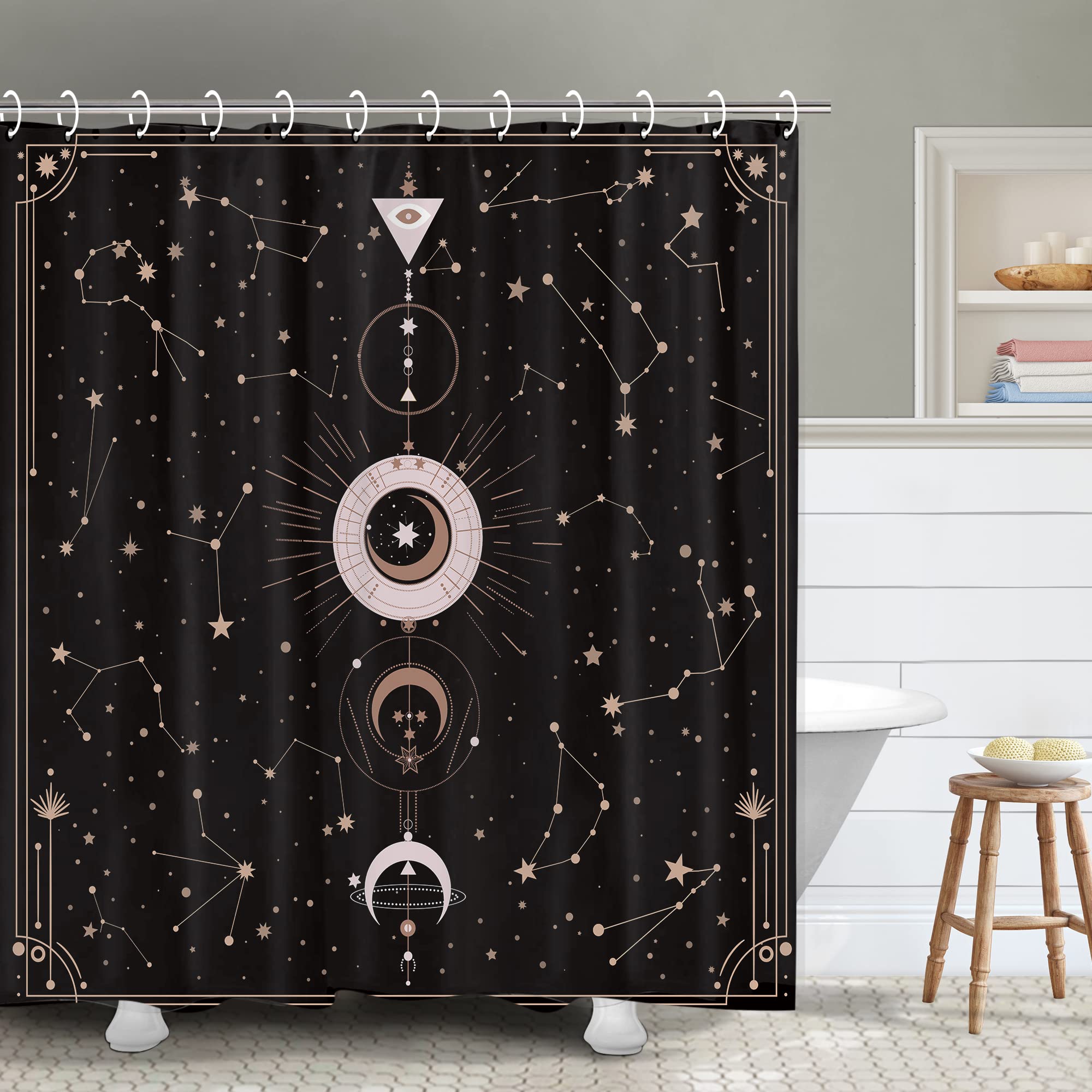 RosieLily Black Moon Phase Shower Curtain - Galaxy Constellation Bathroom Decor with Sun & Moon Design, 72x72 Inch Waterproof Fabric with 12 Hooks - Perfect for Astrology Lovers' Bathroom, Spa or Dorm Room Decor