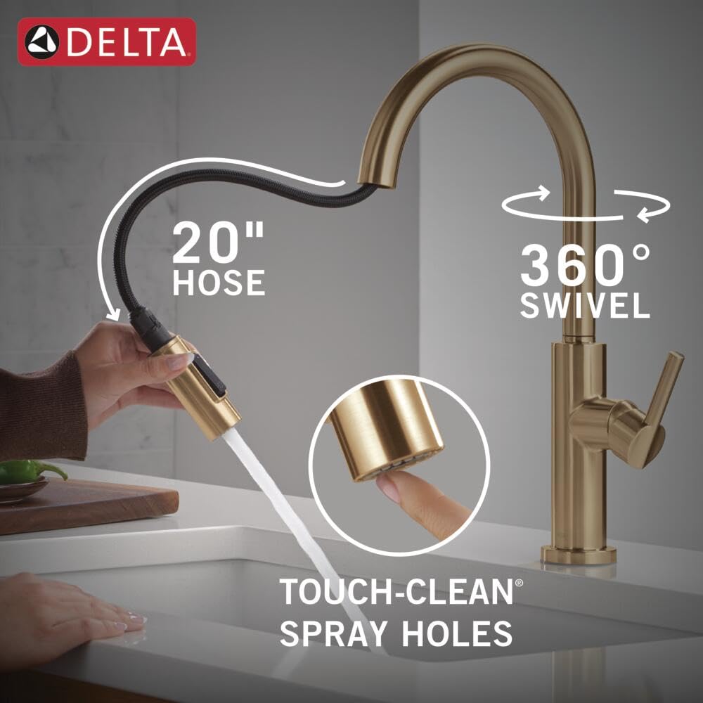 Delta Nicoli Single-Hole Pull-Down Kitchen Faucet with Sprayer - Champagne Gold/Bronze Finish (Model 19867LF-CZ) - Modern Design for Sink, Dishwashing & Food Prep