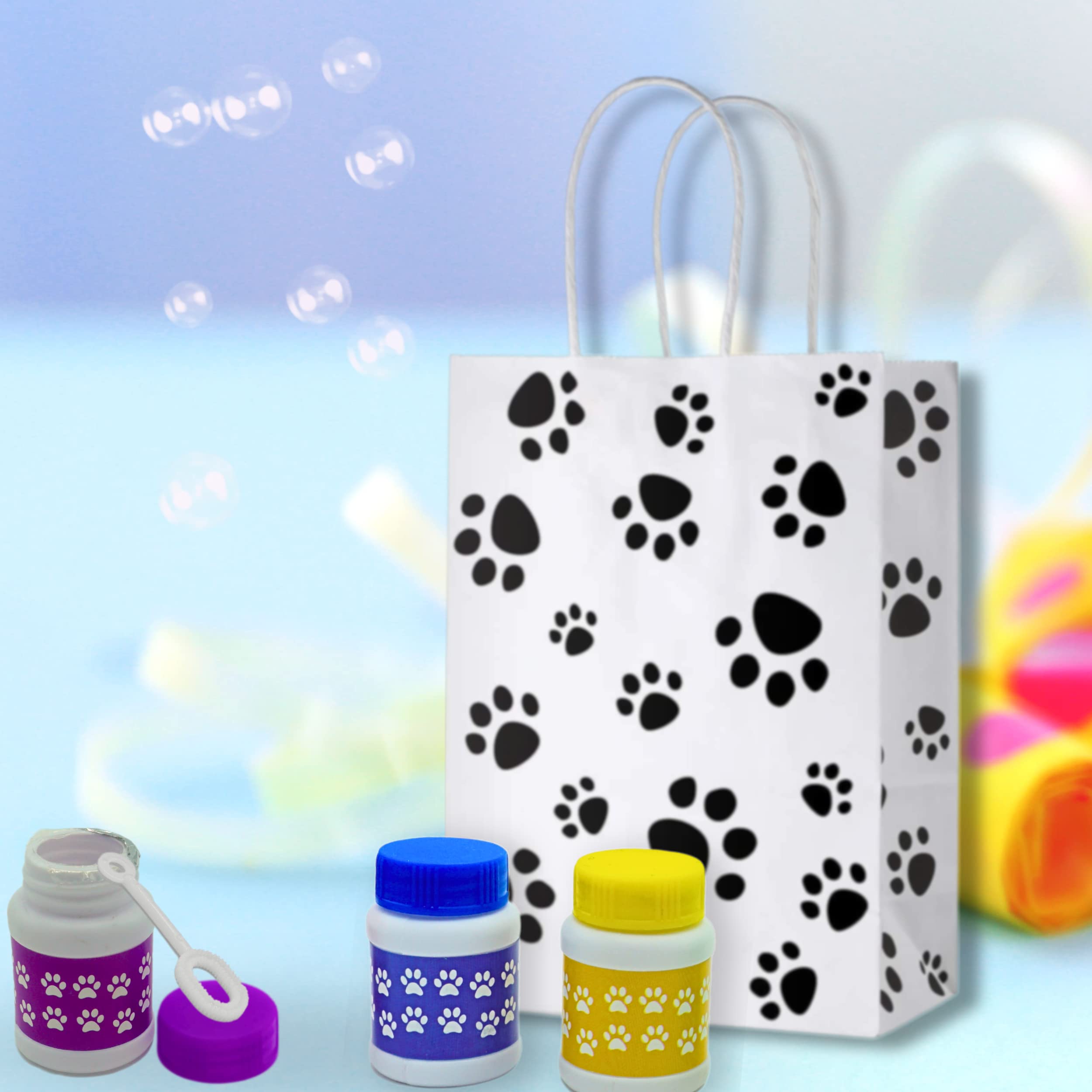 4E's Novelty Paw Print Bubble Bottles - Pack of 24 Mini Bubbles (1 FL oz) - Fun Bubble Wand Blowing Toys for Kids, Boys & Girls - Perfect for Dog Themed Parties, Birthday Favors, Outdoor Play & Summer Activities