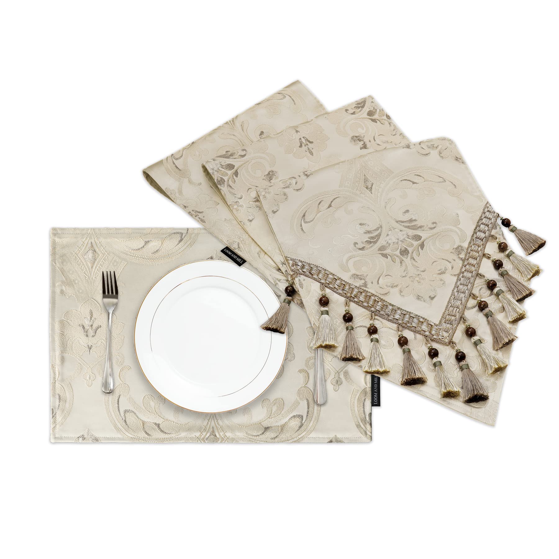Luxury Thick Damask Jacquard Table Runner 108 Inches Long - 8-Piece Set with Handmade Multi-Tassels & Double-Layer Design - Perfect for Dining Table, Dresser, Party, Banquet, Wedding & Holiday Decorations