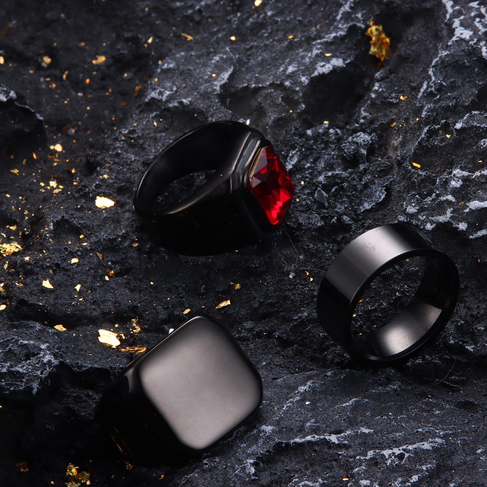 Dochais 3PCS Men's Stainless Steel Signet Rings - Square Agate Onyx Biker Rings, Solid Polished Retro Band Rings Set (Size 7-13) - Perfect for Casual Wear, Gifts & Biker Fashion Accessories