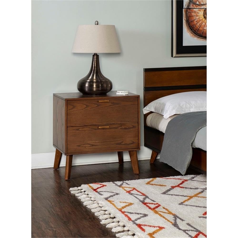 Linon Moore Nightstand with 2 Drawers, Tapered Legs - Medium Brown Wood Finish for Bedroom, Living Room, or Guest Room
