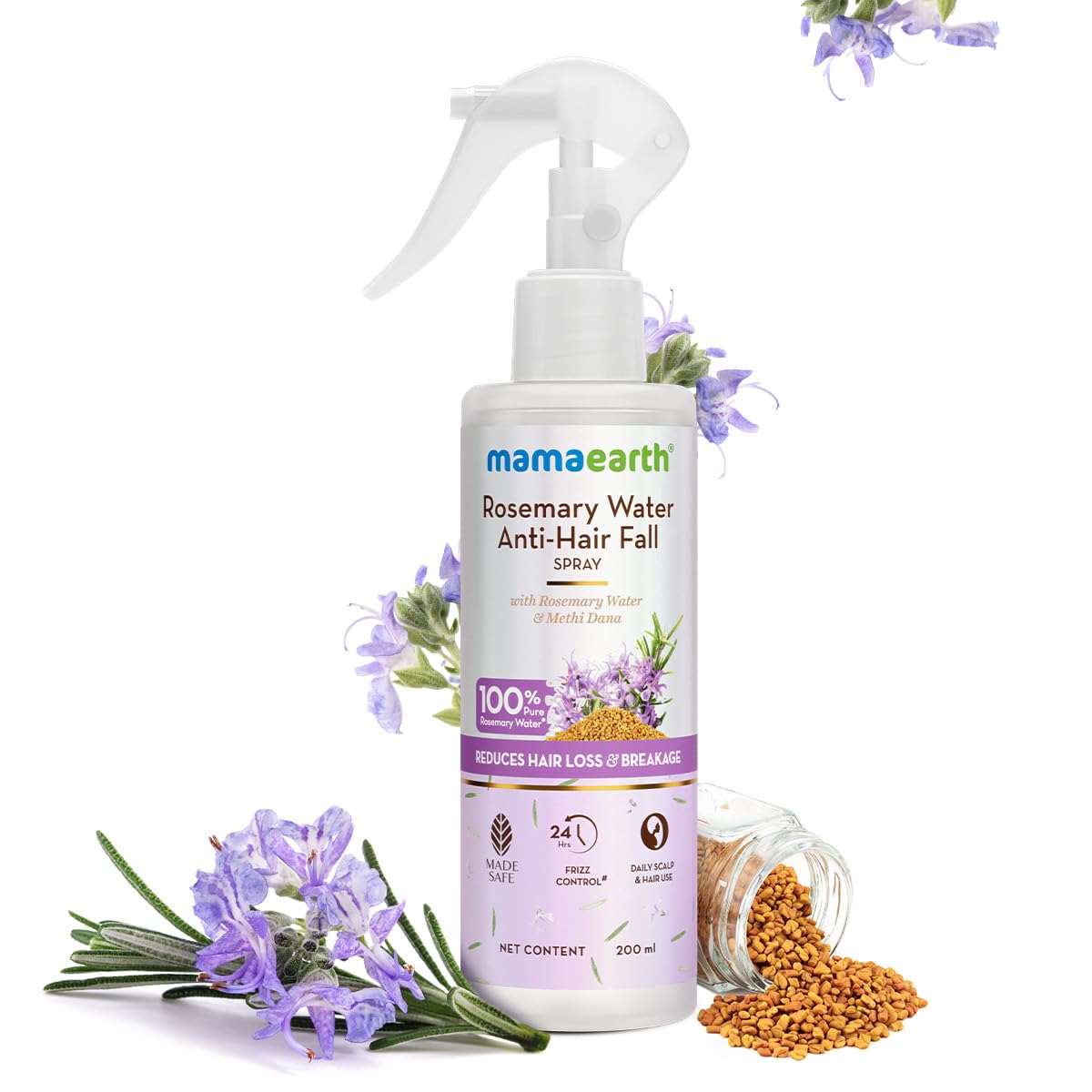 Mamaearth Rosemary Water Anti-Hair Fall Spray with 100% Pure Rosemary & Fenugreek Extract | Hair Growth Treatment for Stronger, Thicker Hair | 24-Hour Frizz Control & Shine | Folligen ANALupe & Fision Aquashield Technology | 200ml | Perfect for Daily Hair Care & Styling