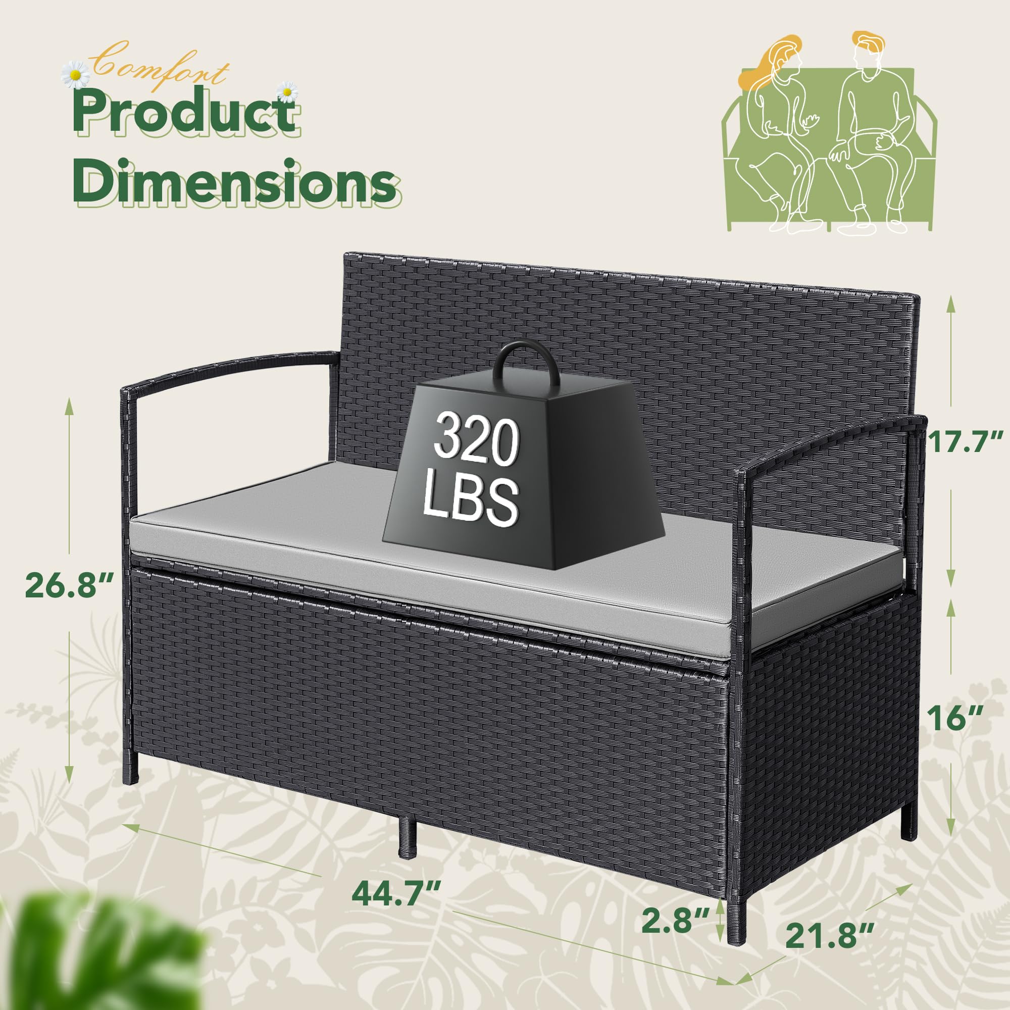Flamaker All-Weather Wicker Patio Loveseat - Outdoor Rattan Conversation Bench with Storage & Cushions - Perfect for Backyard, Porch, Garden & Poolside Relaxation (Black)