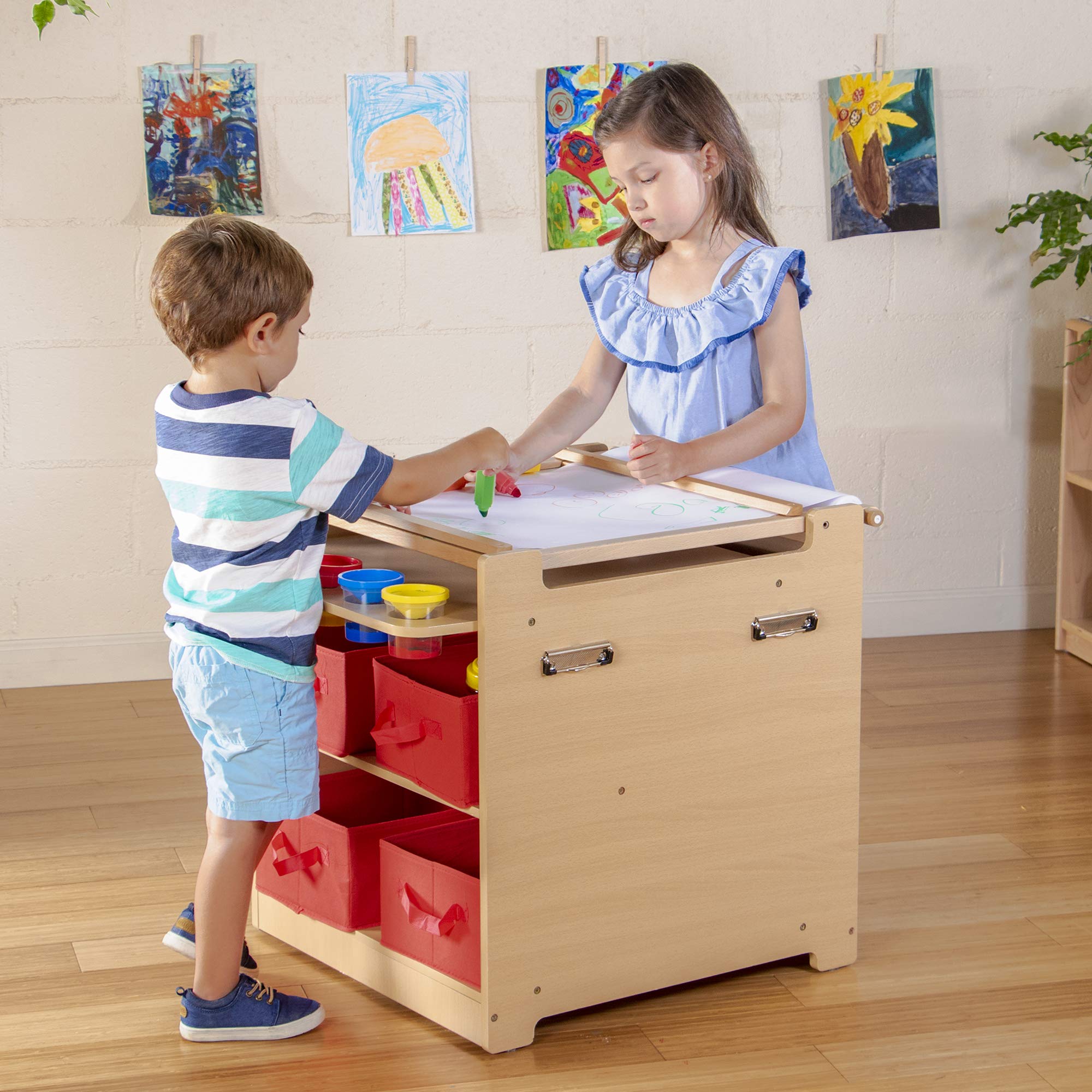 Guidecraft Kids Folding Art Easel & Craft Storage Cart with Chalkboard, Whiteboard & Fabric Bins - Wooden Toddler Activity Desk for Classroom, Homeschool & Playroom | Perfect for Drawing, Painting & Creative Play