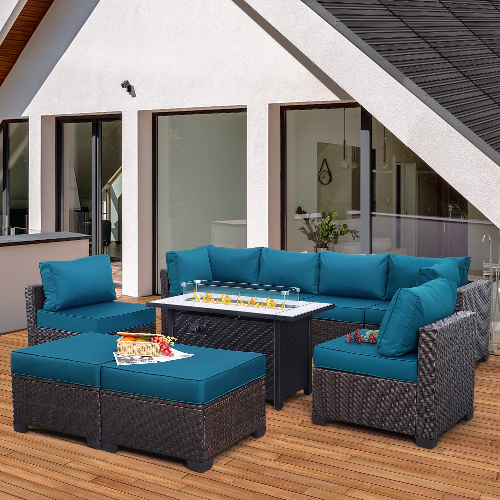 9-Piece PE Rattan Outdoor Patio Furniture Set with Peacock Blue Cushions & 45