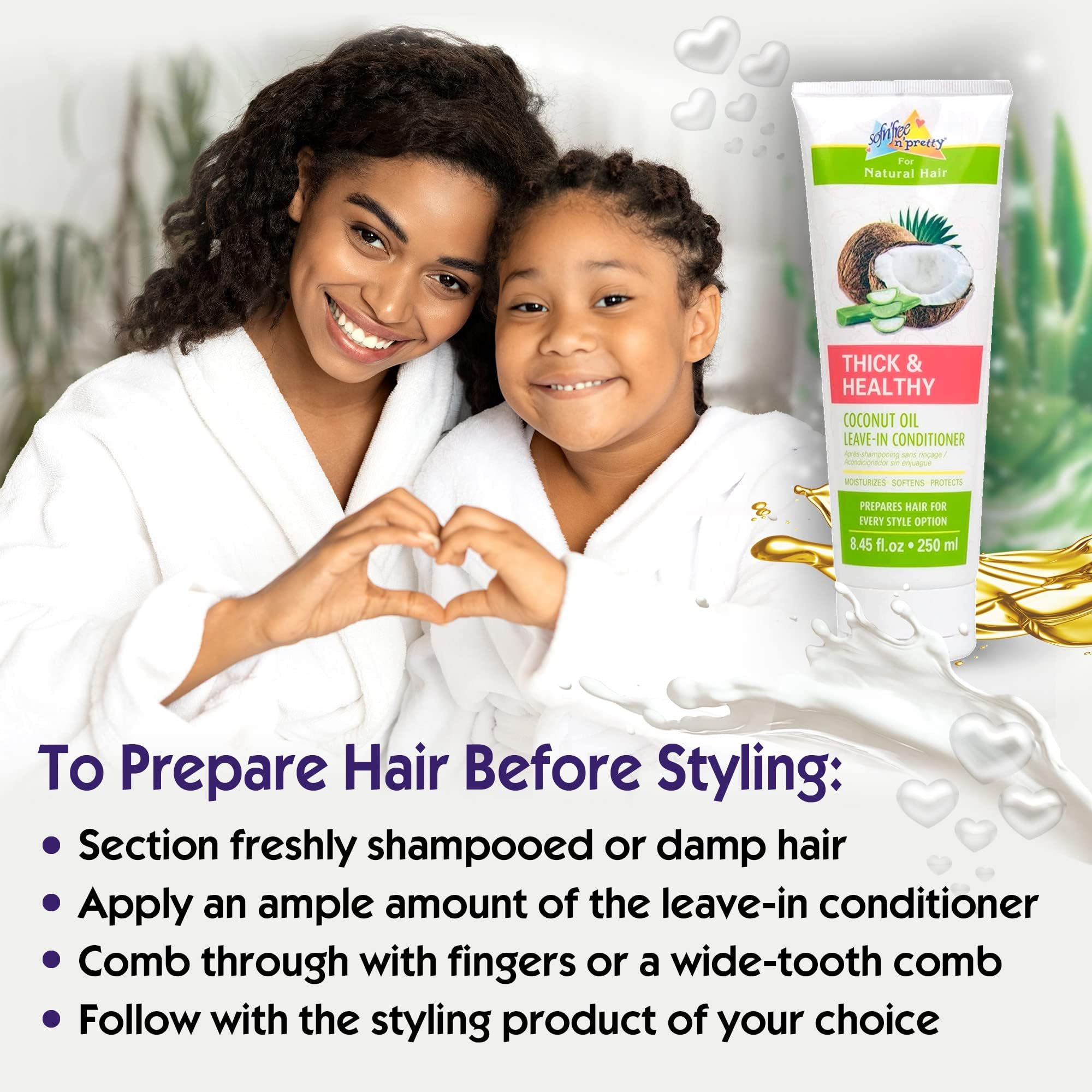 Sofn’Free n’Pretty - Thick & Healthy Coconut Oil Leave-in Conditioner for Curly Hair - Moisturizing & Softening Treatment with Coconut & Aloe Vera - Safe for Kids & Adults - 8.45 Fl Oz - Perfect for Daily Hair Care, Frizz Control & Heat Protection