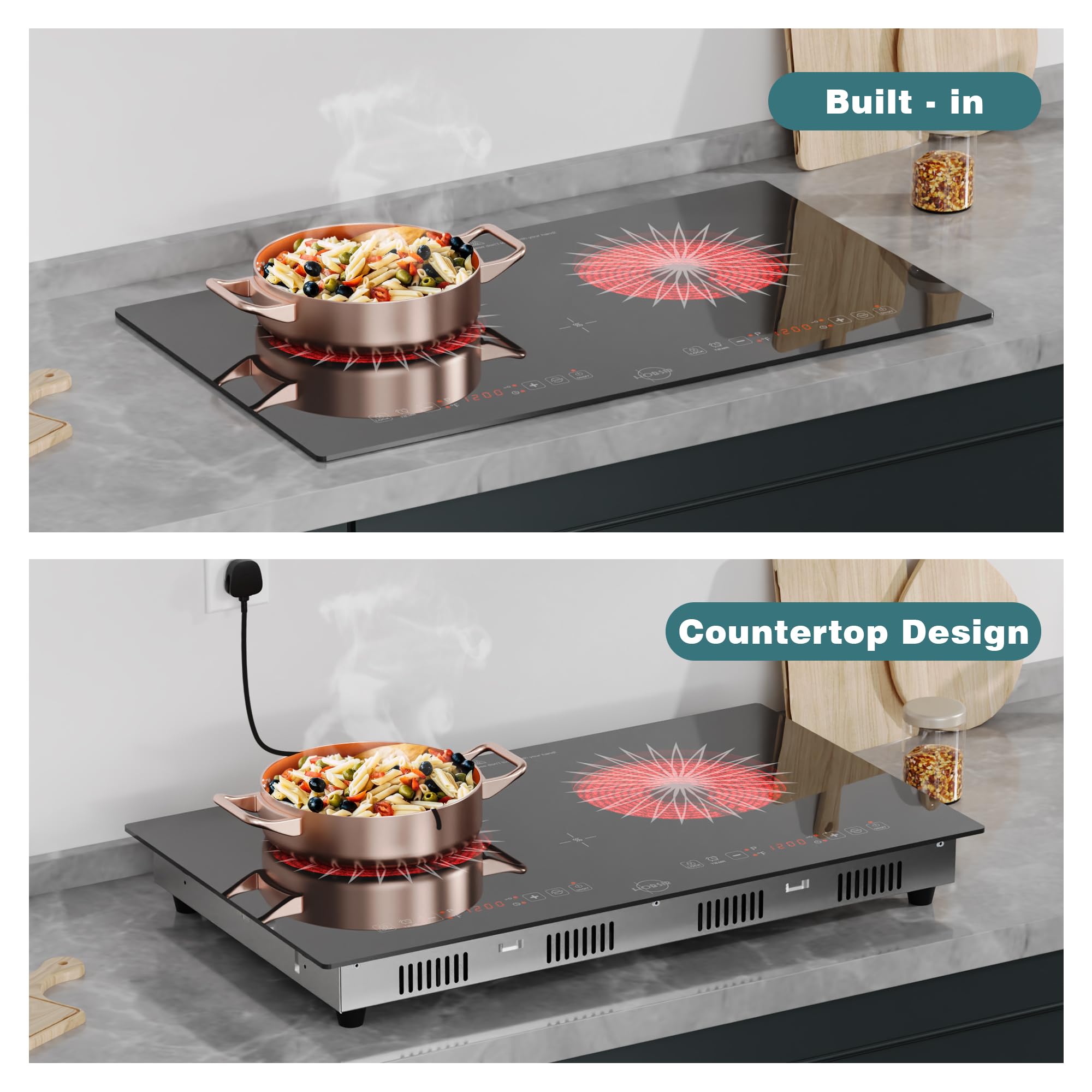 Hobsir 24 Inch 2 Burner Electric Cooktop 110V - Double Induction Stove with LED Touch Screen & Safety Lock - Built-in/Countertop for Kitchen, Apartment, RV & Camping - Perfect for Small Spaces & Outdoor Cooking