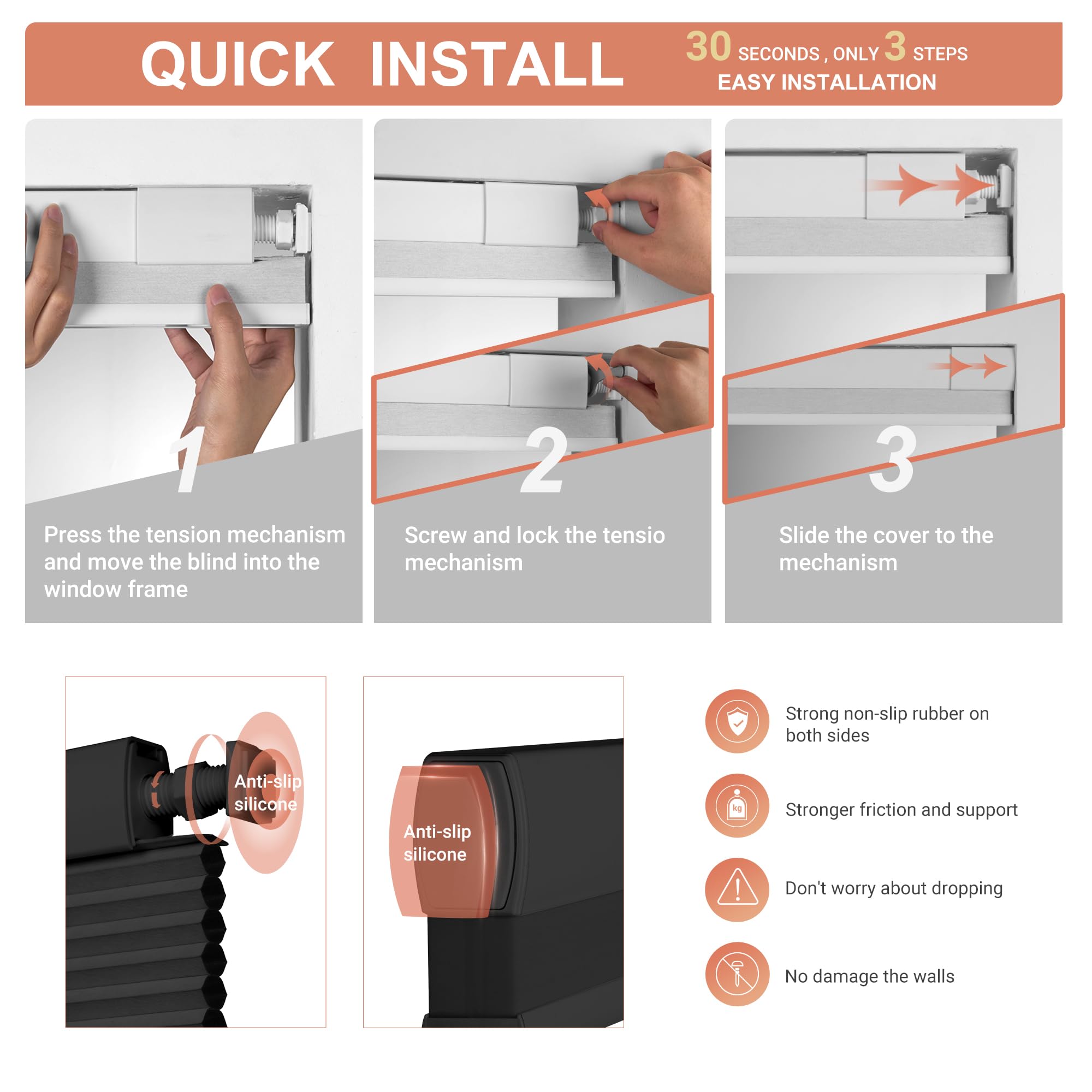 No Drill No Tools Blackout Cellular Shades - Cordless Easy Install Honeycomb Blinds for Windows - Thermal Insulated & Noise Reduction - Custom Size (Blackout-Black) - Perfect for Bedrooms, Nurseries & Home Offices