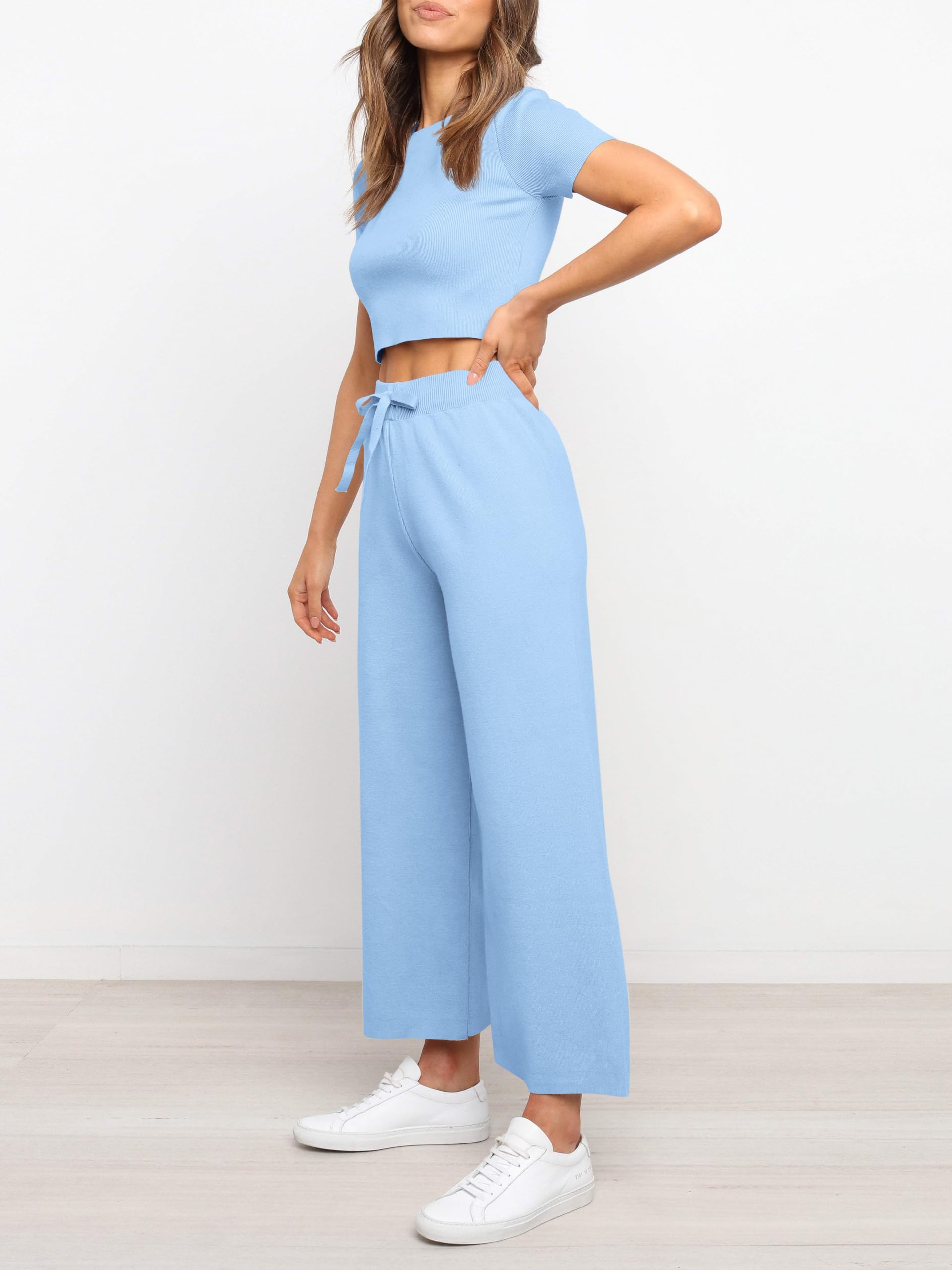 Fisoew Women's 2 Piece Outfits - Soft Knit Short Sleeve Crop Top & High Waisted Lounge Pants Set for Casual Wear, Home, Travel & Street Style