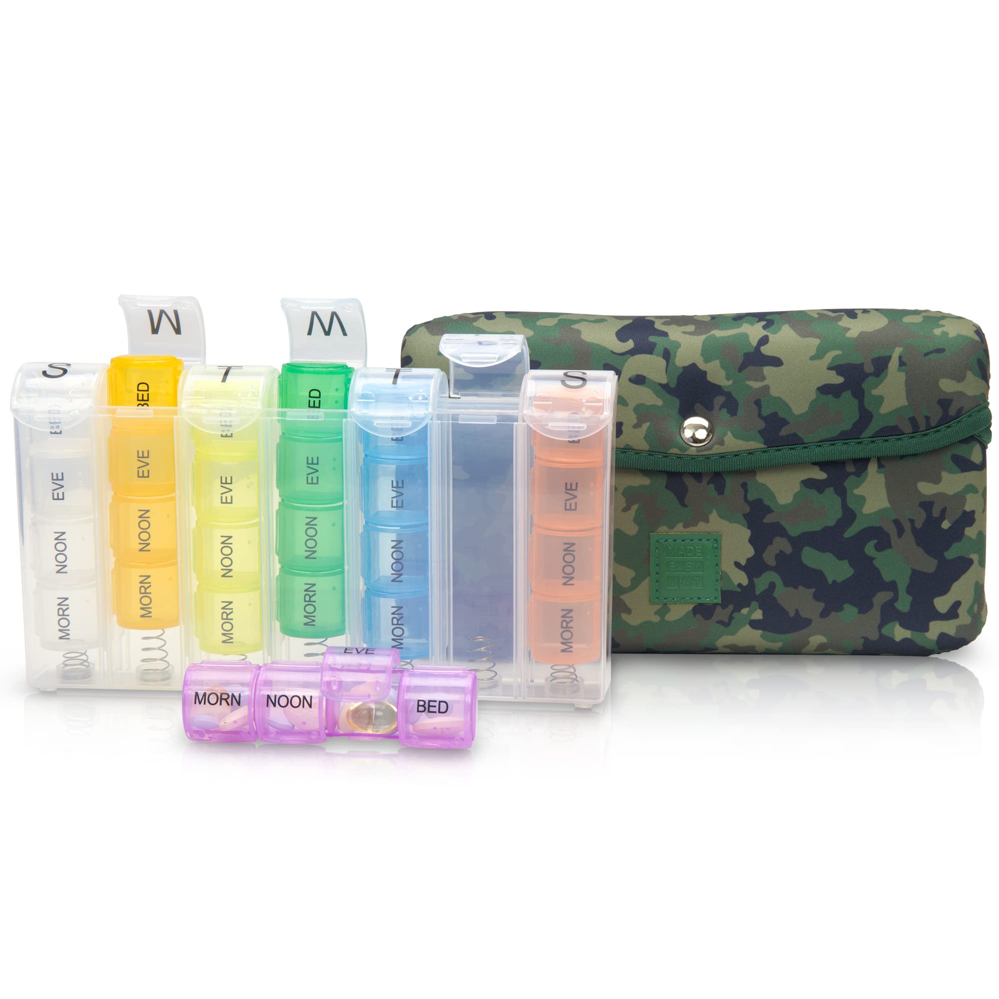 7-Day Large Pill Organizer with 28 Compartments - Neoprene Travel Medicine Case for Daily & Weekly Vitamin Storage (Morning/Noon/Evening/Bedtime) - Perfect for Travel, Work & Home Use (Camo Dark)