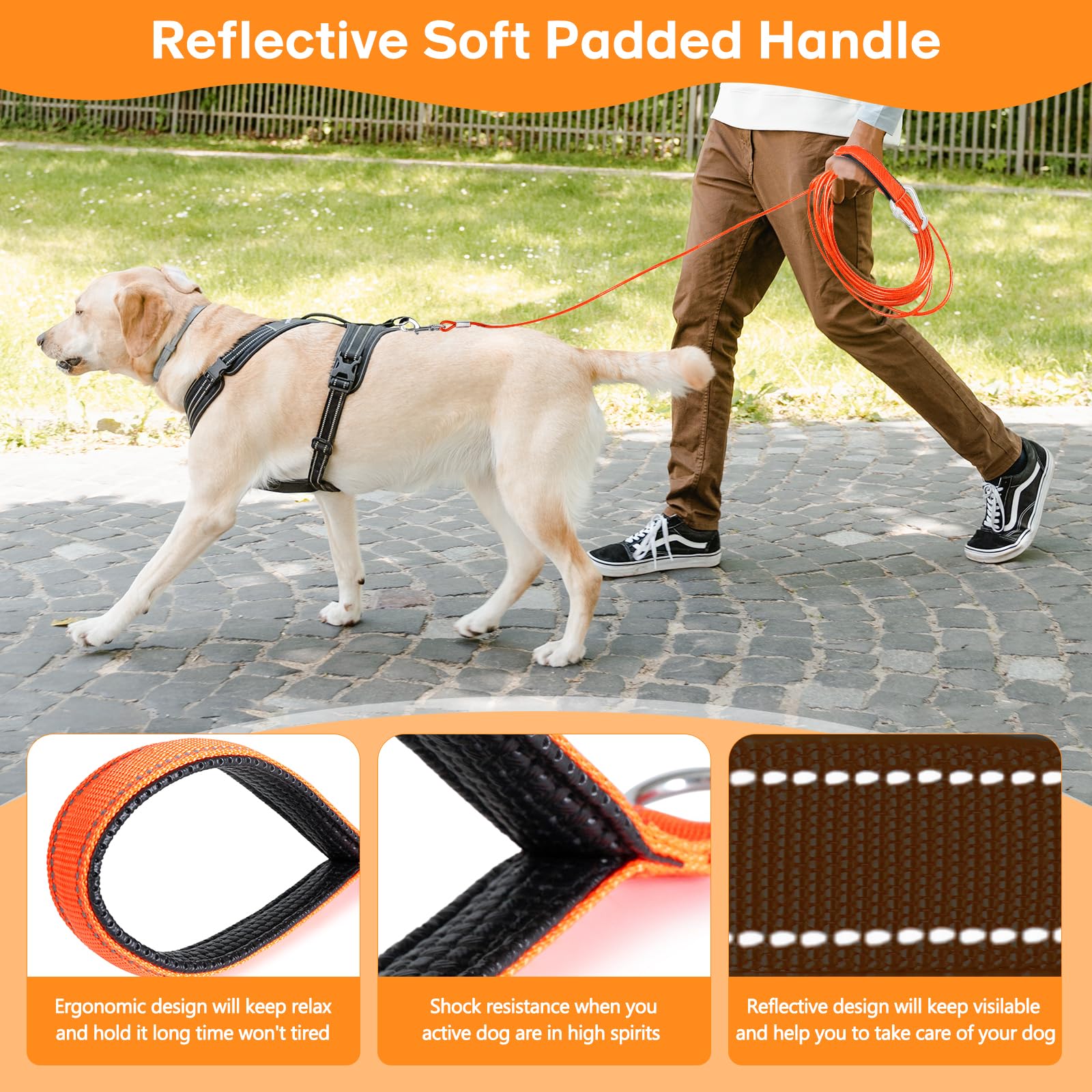 50ft Heavy Duty Chew Proof Dog Leash - Long Tie Out Cable with Carabiner for Medium & Large Dogs | Padded Handle for Comfort | Perfect for Yard Training, Walking & Outdoor Activities