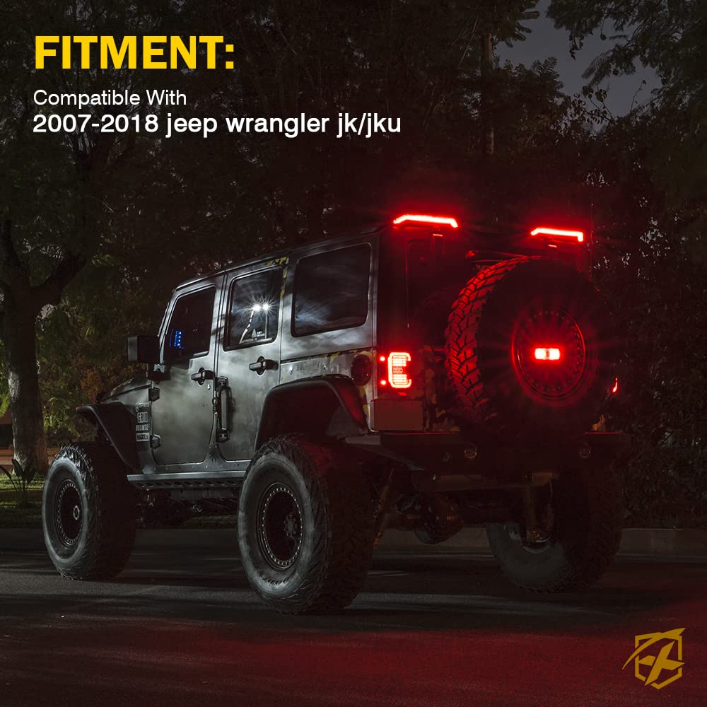 Xprite High Mount LED Brake Lights with Turn Signal & Reverse Light - Compatible with Jeep Wrangler JK JKU 2007-2018 - Easy Installation Roof Tail Lights - 2PCS Set - Perfect for Off-Roading & Night Driving Safety