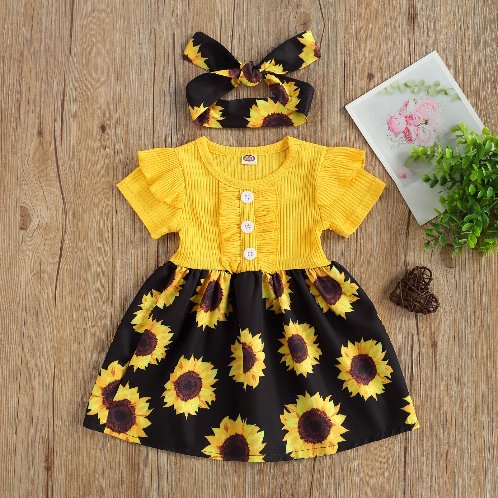 Floral Ruffle Dress for Girls - Round Neck Short Sleeve Summer & Fall One-Piece Dress | White & Yellow | Perfect for Birthday Parties, School Events & Family Outings