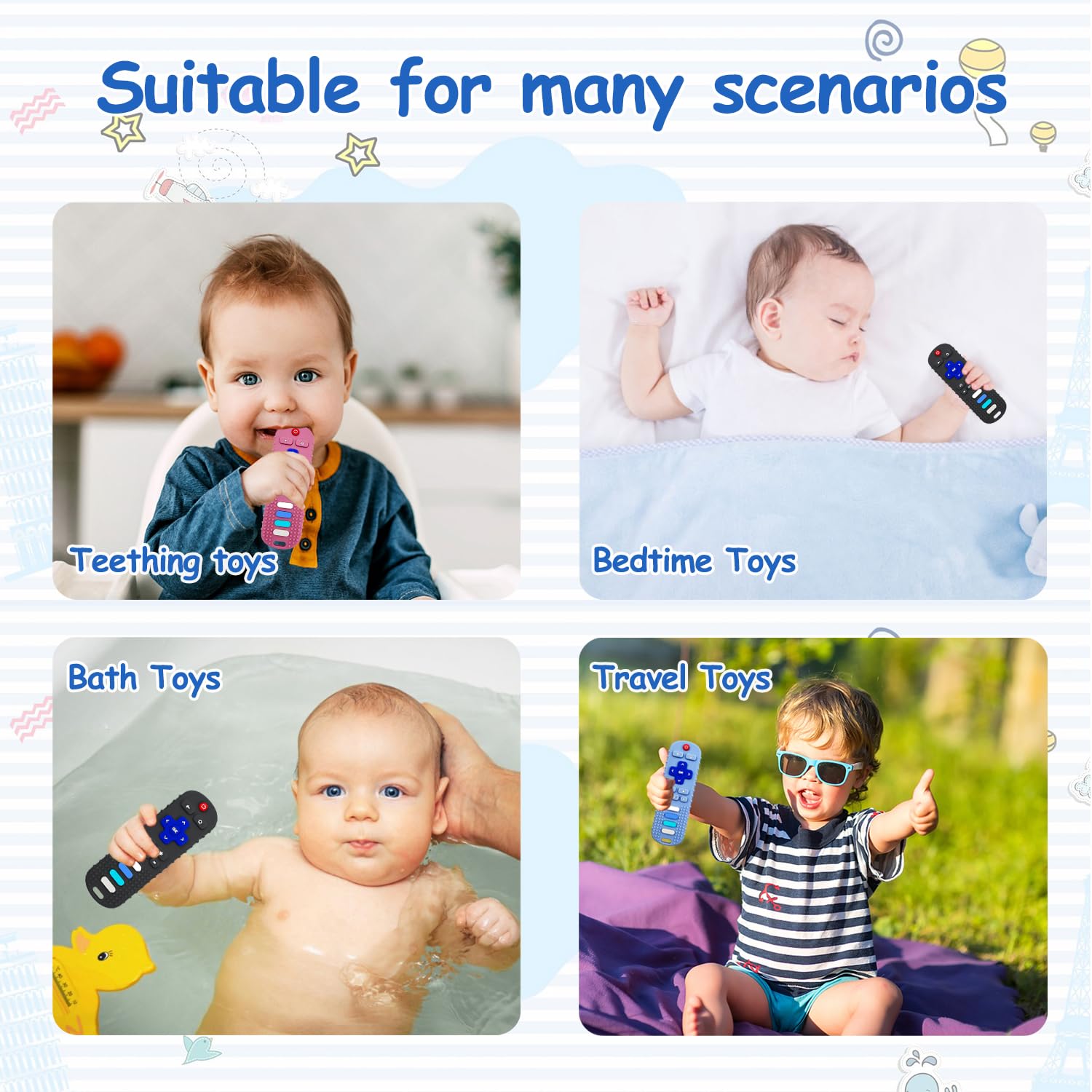 2 Pack Baby Teether Toys - TV Remote Control Shaped Silicone Teething Toys for Infants & Toddlers | Soothing Sore Gums, Safe Chewing Toy for Newborns & Crawling Babies | Perfect for Home, Travel & Daycare Use