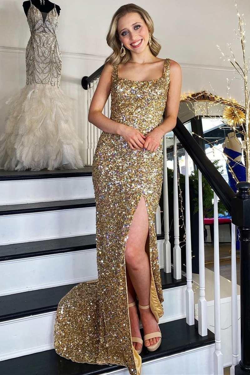 Gold Sequin Square Neck Mermaid Prom Dress - Long Formal Backless Gown with High Slit for Homecoming, Evening Party & Special Occasions