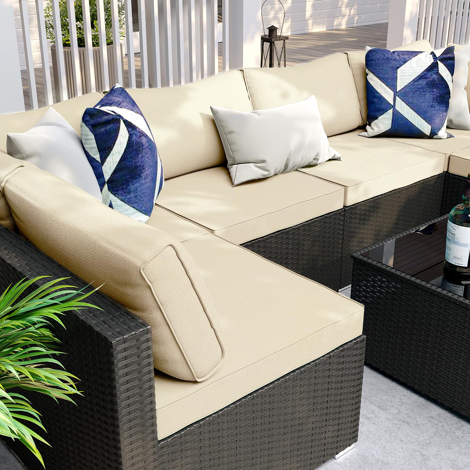 7-Piece Outdoor Patio Furniture Set - Wicker Rattan Sectional Sofa with Cushions & Glass Table, Modular Conversation Set for Porch, Poolside, Backyard, Garden - Perfect for Relaxing & Entertaining Outdoors
