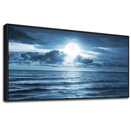 Blue Sea View Moon Black Framed