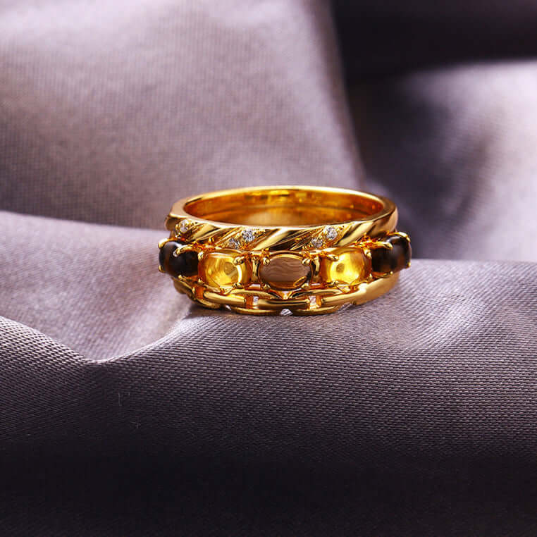 Vintage Citrine Smoky Quartz Stacking Rings Set for Women - Adjustable Bohemian Style Jewelry Gift for Birthday, Anniversary & Everyday Wear | TB1502