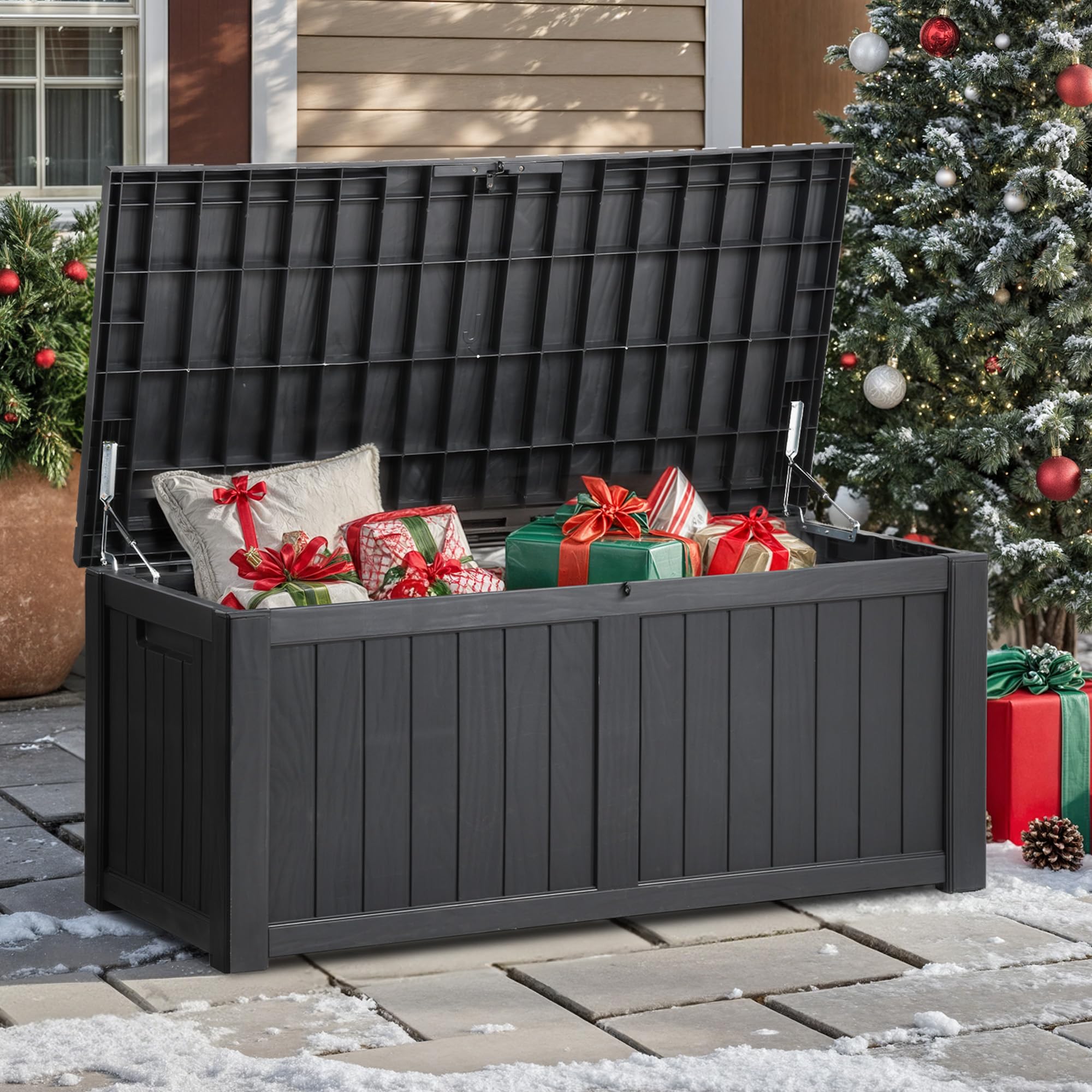 YITAHOME 120 Gallon Outdoor Storage Deck Box - Large Waterproof Resin Patio Storage Container for Garden Tools, Pool Supplies & Outdoor Pillows - Lockable Deck Box in Dark Grey - Perfect for Backyard, Patio & Poolside Organization