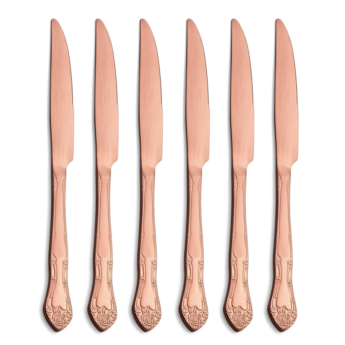 Matte Rose Gold Dinner Knives Set of 6 - Stainless Steel Satin Finish Cutlery with Rose Pattern Design - Dishwasher Safe - Perfect for Wedding, Anniversary, and Formal Dining Occasions