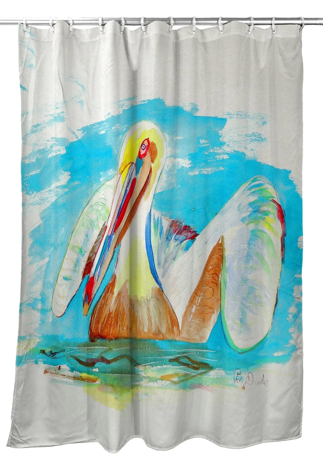 Betsy Drake Teal Pelican Shower Curtain - Waterproof Bathroom Decor with Hooks for Coastal & Nautical Theme Bathrooms