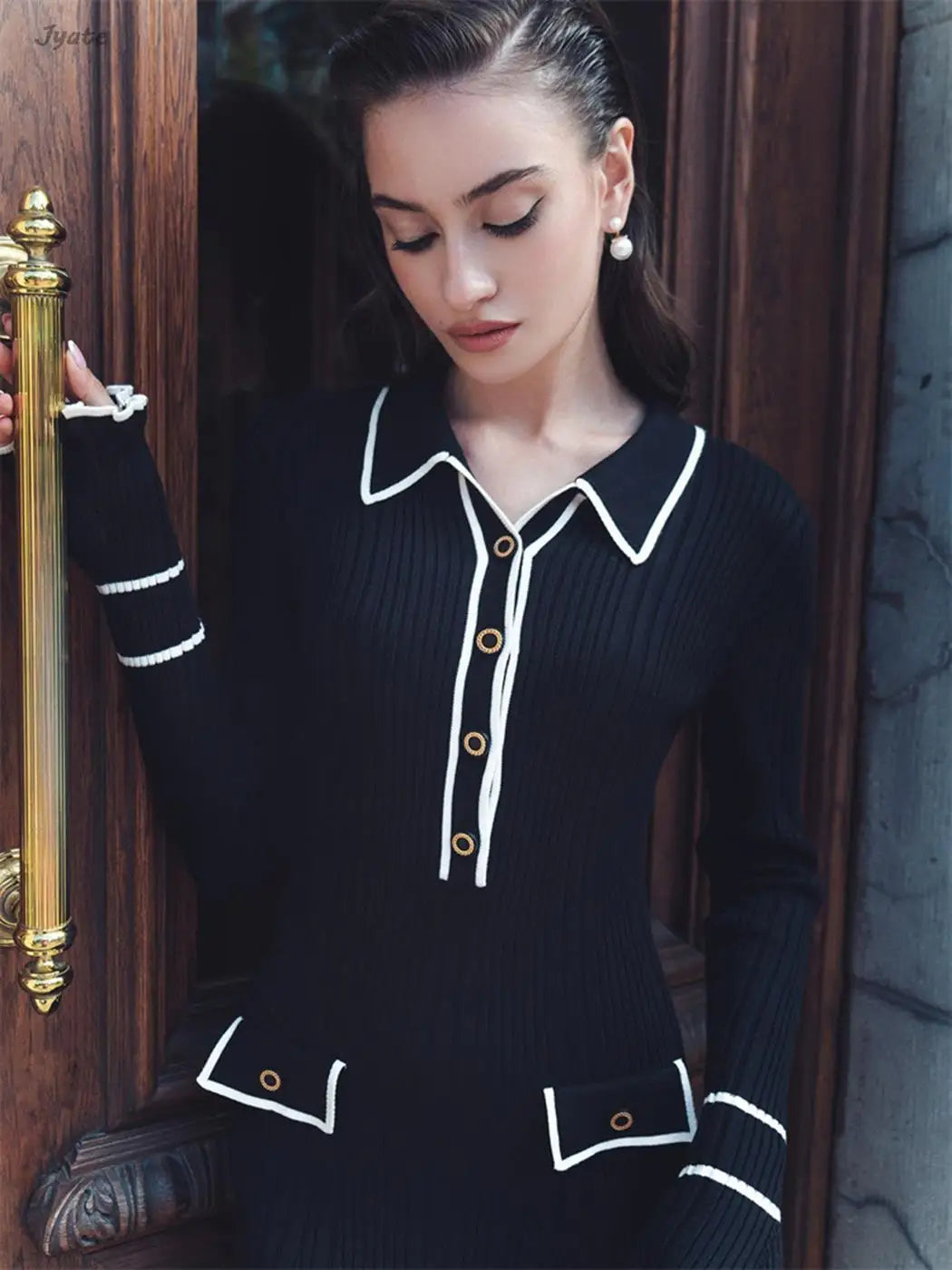 French Ruffle Knit Dress for Women - Fall Fashion Long Sleeve Lapel Button Elegant Patchwork Dress | Perfect for Office, Parties & Special Occasions