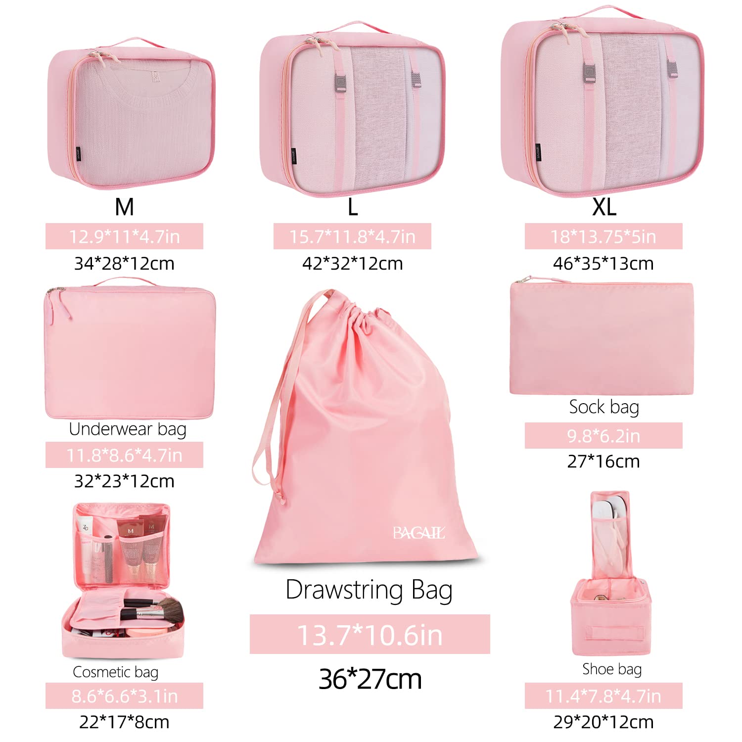 BAGAIL 8 Set Packing Cubes for Luggage - Travel Organizers with Multiple Sizes (Blush Pink) - Perfect for Business Trips, Vacations & Weekend Getaways