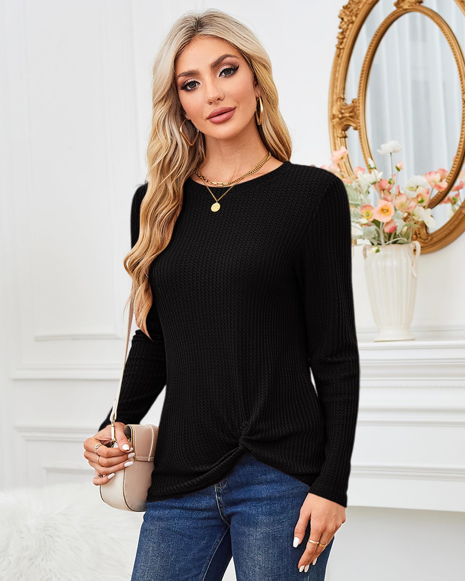 MISFAY Women's Casual Long Sleeve Knit Top with Twist Knot Detail - Soft Waffle Texture Shirt for Everyday Wear, Office Outfits & Fall Layering