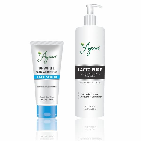Aysun 2-Pack Skin Whitening Face Scrub & Lacto Pure Body Lotion 200ml - Brightening Skincare Set for Glowing Face & Smooth Body | Perfect for Daily Beauty Routine & Spa Days