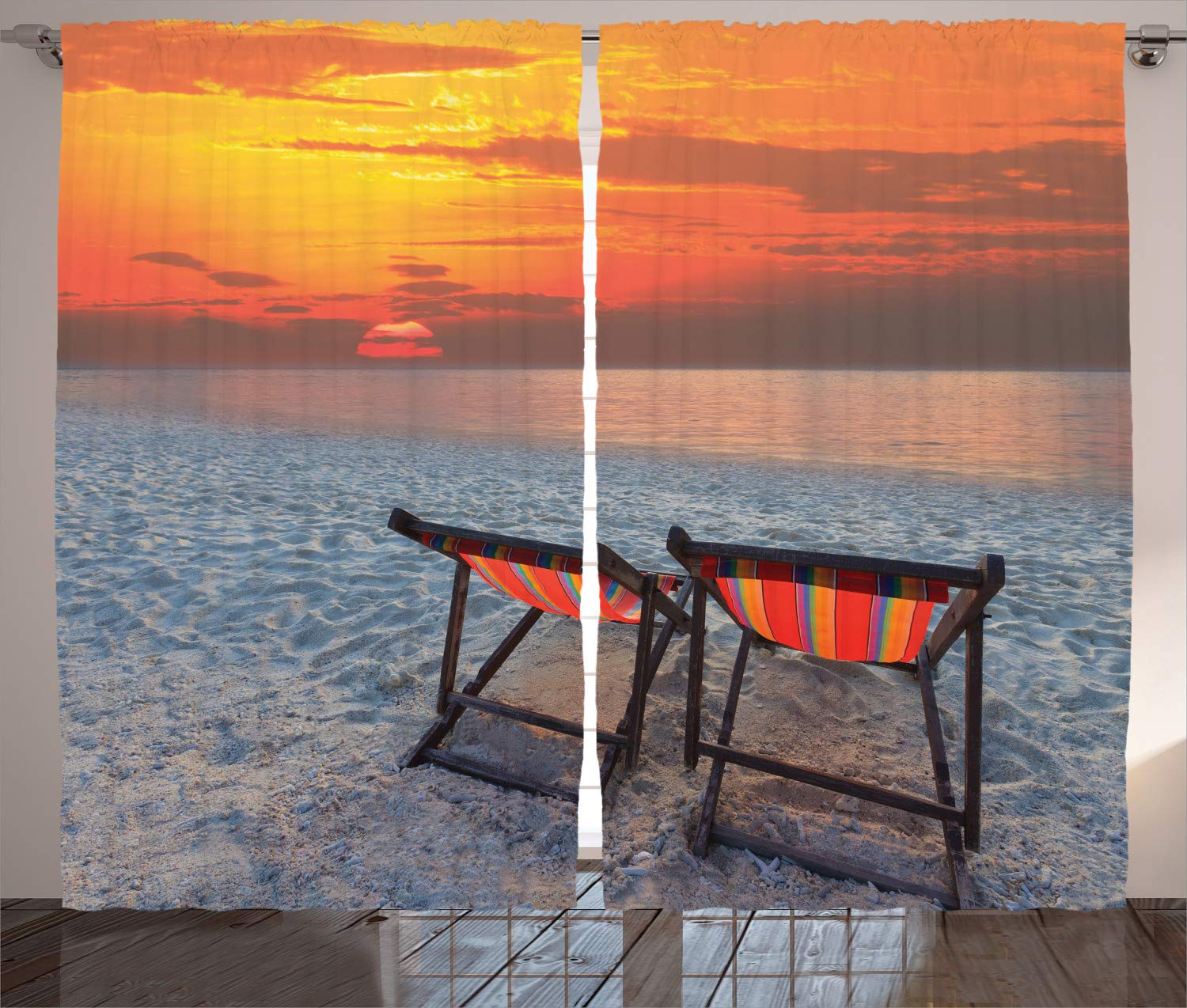 Ambesonne Coastal Curtains - 2 Panel Set with Beach Sunset Scenery, 108