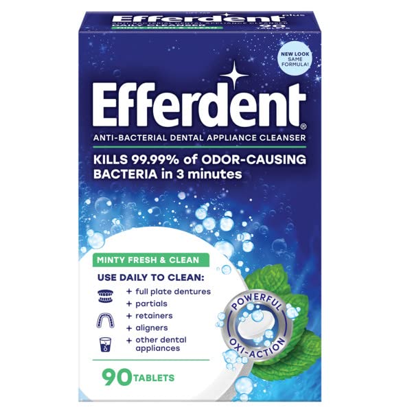 Efferdent Retainer & Denture Cleaning Tablets - 270 Count (3 Packs of 90) - Minty Fresh Breath, Safe for Dental Appliances, Braces, Night Guards - Perfect for Travel & Daily Oral Care