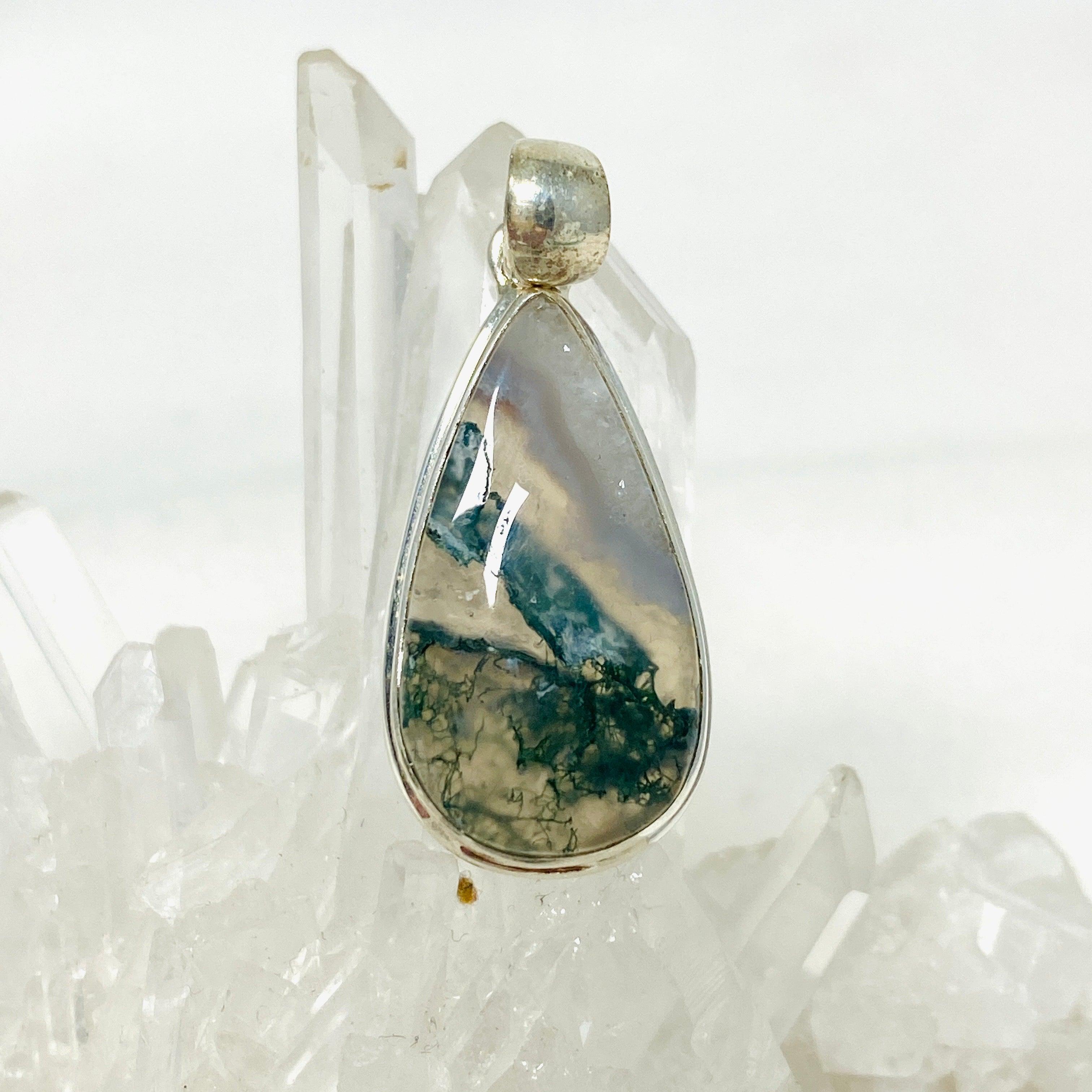 Natural Moss Agate Teardrop Pendant Necklace - 925 Sterling Silver Jewelry KPGJ3625 | Healing Crystal Gift for Women, Meditation & Spiritual Protection