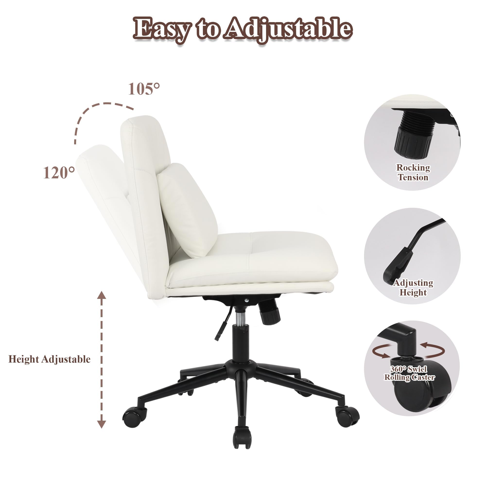 Ergonomic Criss Cross Chair - Armless Office Chair with Wheels & PU Leather - Cross Legged Meditation Chair with Wide Seat & Lumbar Support - White - Perfect for Home Office, Yoga, and Relaxation Spaces