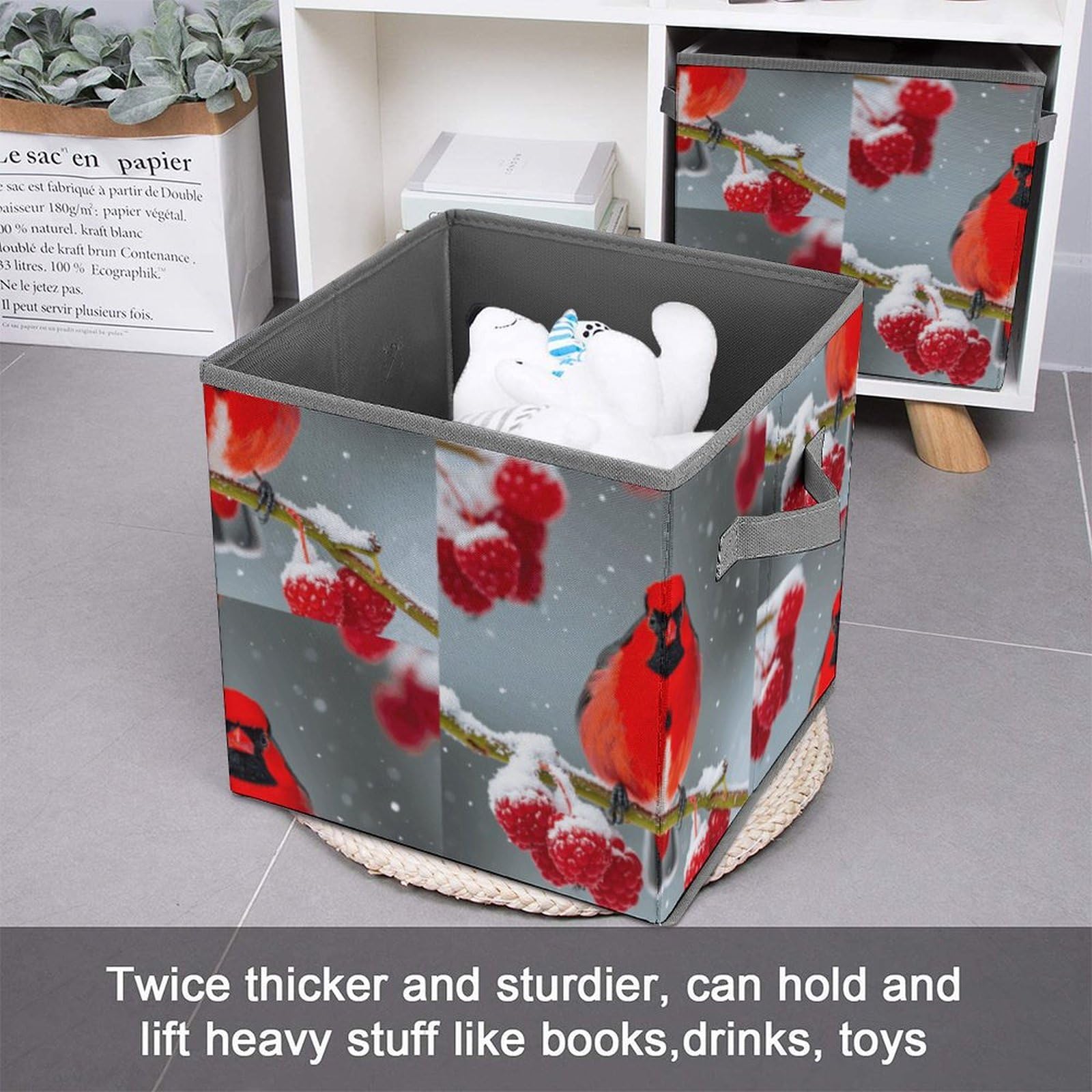 Collapsible Storage Bins with Handles - Cardinal Birds & Snow Cranberries Printed Fabric Organizer Baskets for Home, Closet, Office & Nursery Organization | Space-Saving Storage Solution