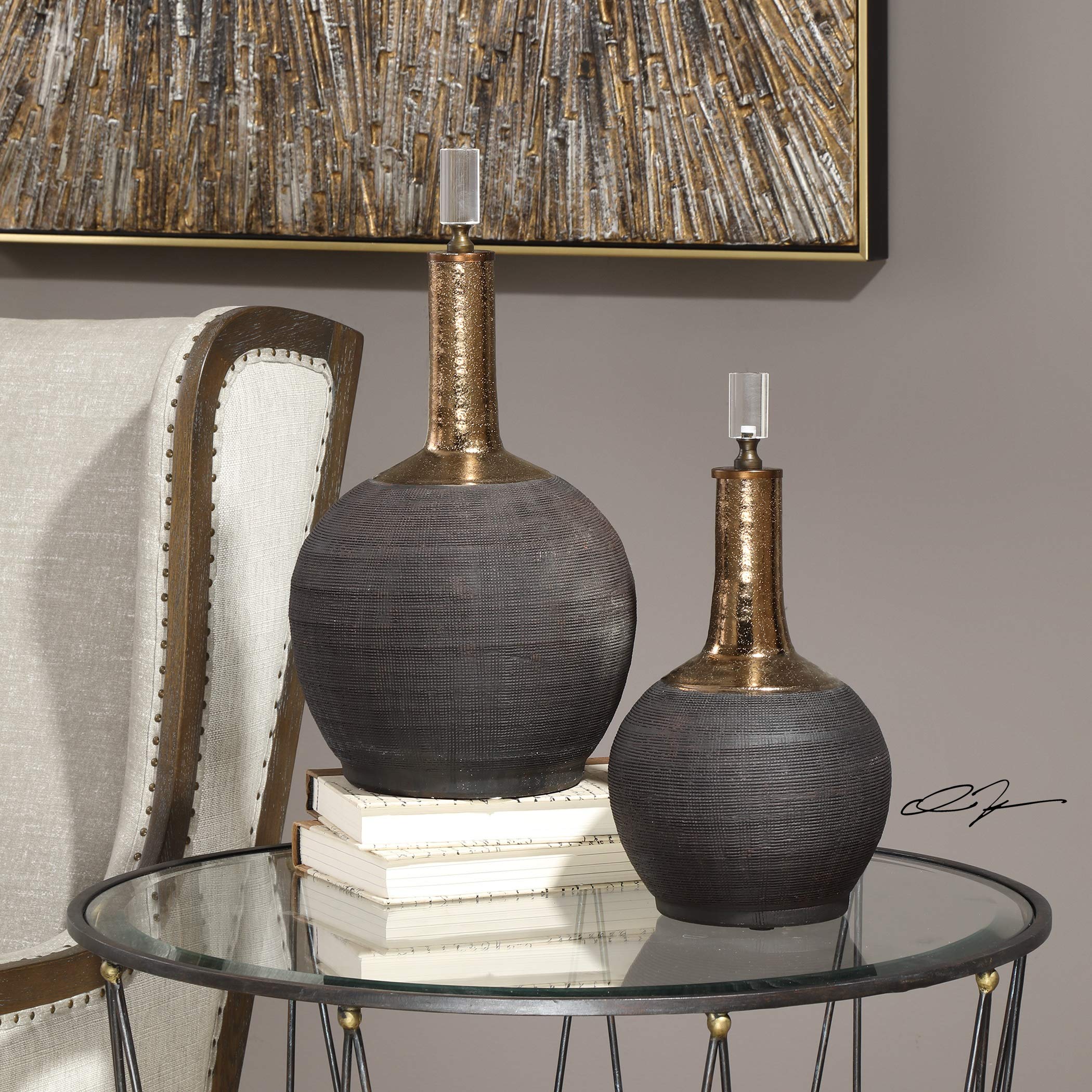 Contemporary Home Decor - Set of 2 Black Ceramic Bottles with Gold Metallic Necks & Crystal Finial, 16