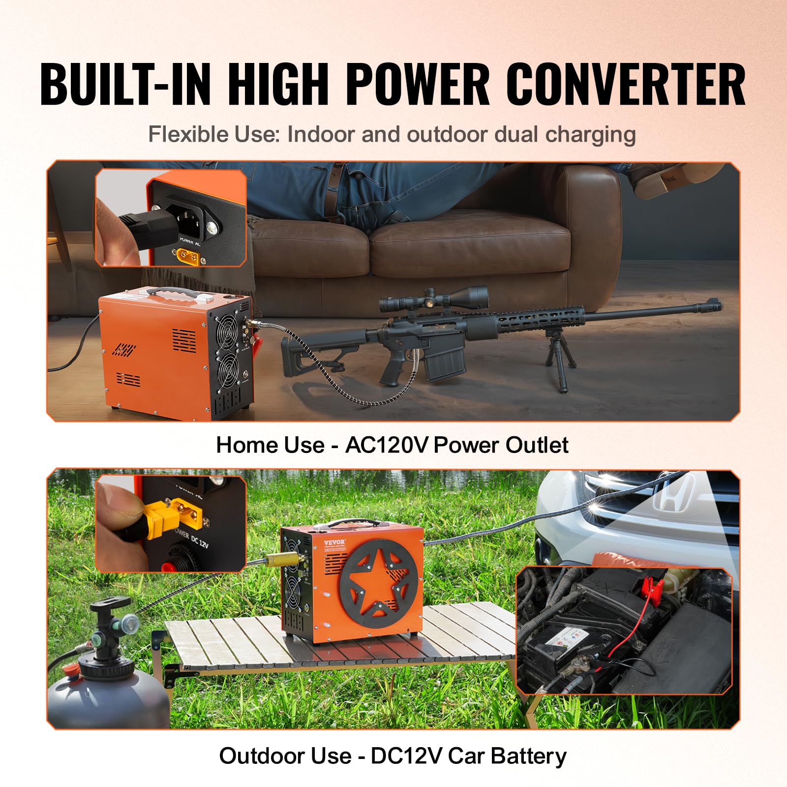 VEVOR 4500PSI PCP Air Compressor - Portable High Pressure Air Pump for PCP Air Rifles, Paintball Guns & Scuba Tanks | Oil-Free 30MPa Compressor with Auto-Stop | 12V DC/120V AC Power (Perfect for Hunting, Sports & Diving Adventures)