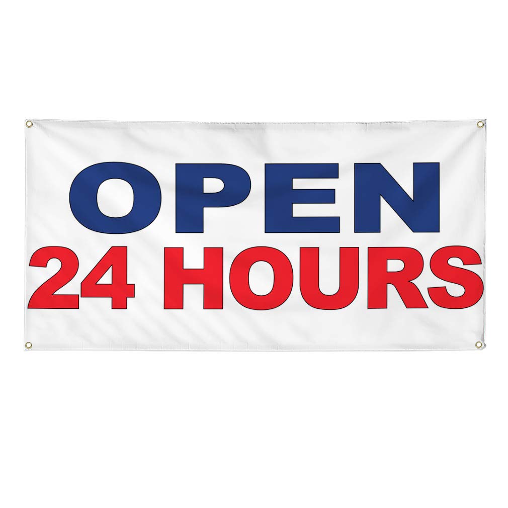 Premium Vinyl Banner - 48x96 Inches, Weatherproof & Durable with 8 Grommets - Ideal for Outdoor Business Signs, Yard Sales & Industrial Use (Multiple Sizes Available) - Open 24 Hours Signage in Blue & Red Colors