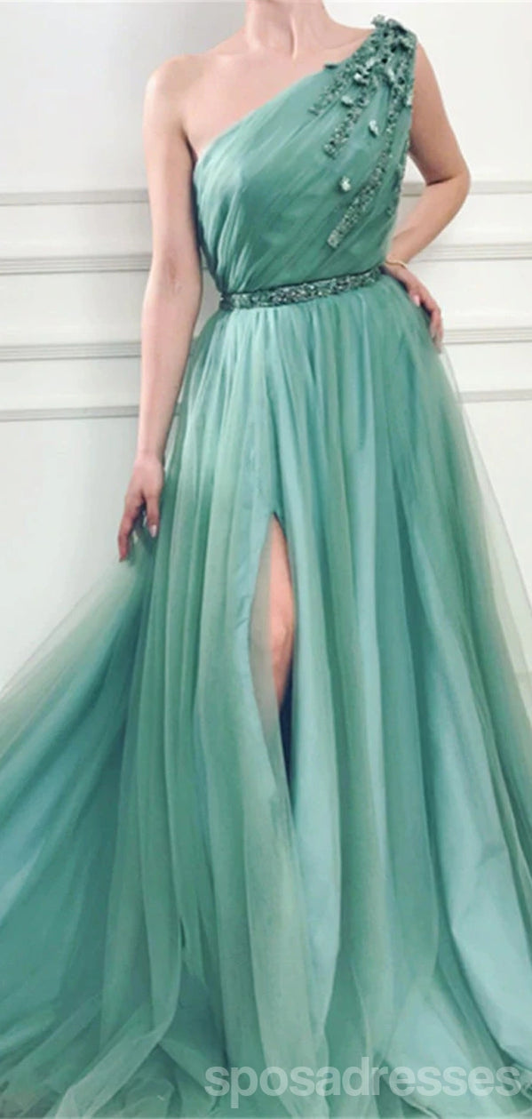 Elegant Green A-Line One Shoulder High Slit Long Prom Dress for Women - Perfect for Homecoming, Evening Gala & Formal Events