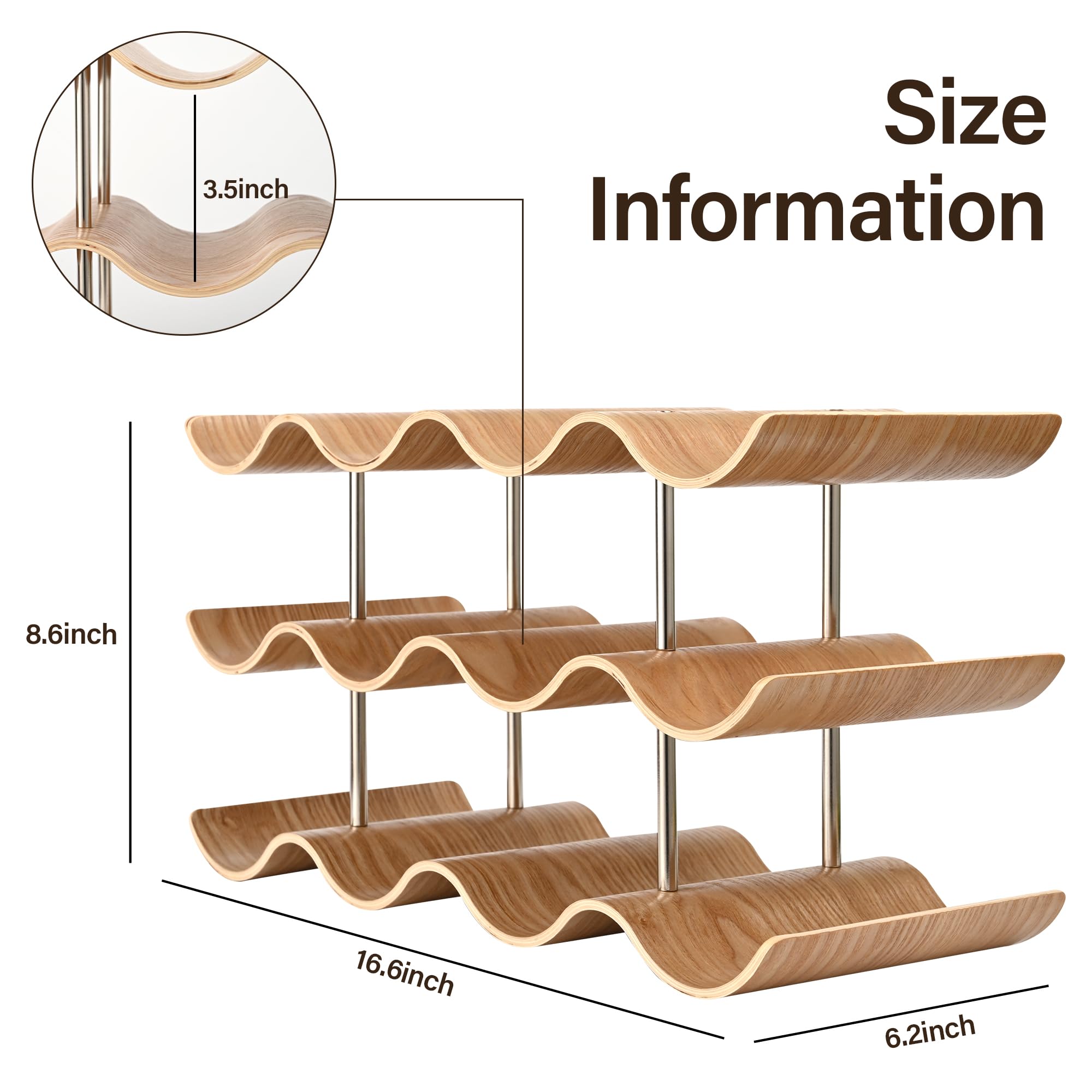 12 Bottle Wooden Wine Rack - 3 Tier Countertop Wine Holder Stand for Kitchen, Bar, Pantry & Cabinet Storage | Wavy Design Freestanding Wine Organizer for Home & Restaurant Use