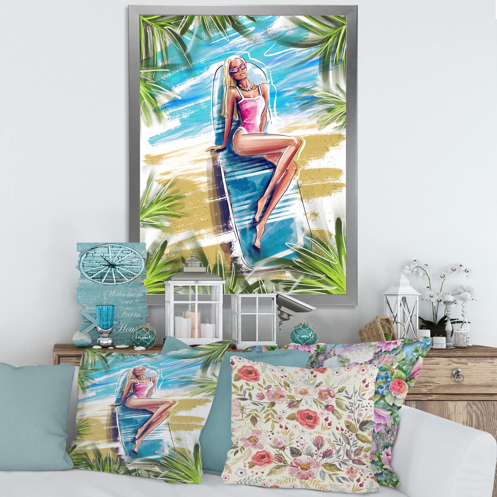 DesignQ Beautiful Blonde Model Beach Sunbathing Nautical Coastal Framed Wall Art - Perfect for Beach House Decor, Living Room, Bedroom & Coastal Themed Interiors