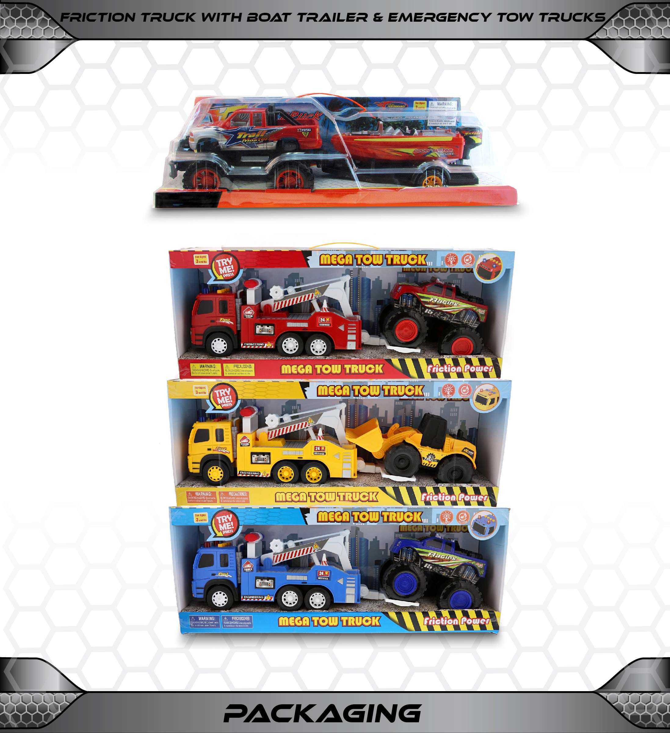 Mozlly 4-Pack Friction Powered Toy Trucks Set - 3 Emergency Tow Trucks with Lights & Sounds + Monster Truck with Speed Boat Trailer - Push & Go Action Vehicles for Kids - Perfect for Pretend Play, Birthday Gifts & STEM Learning (Styles May Vary)