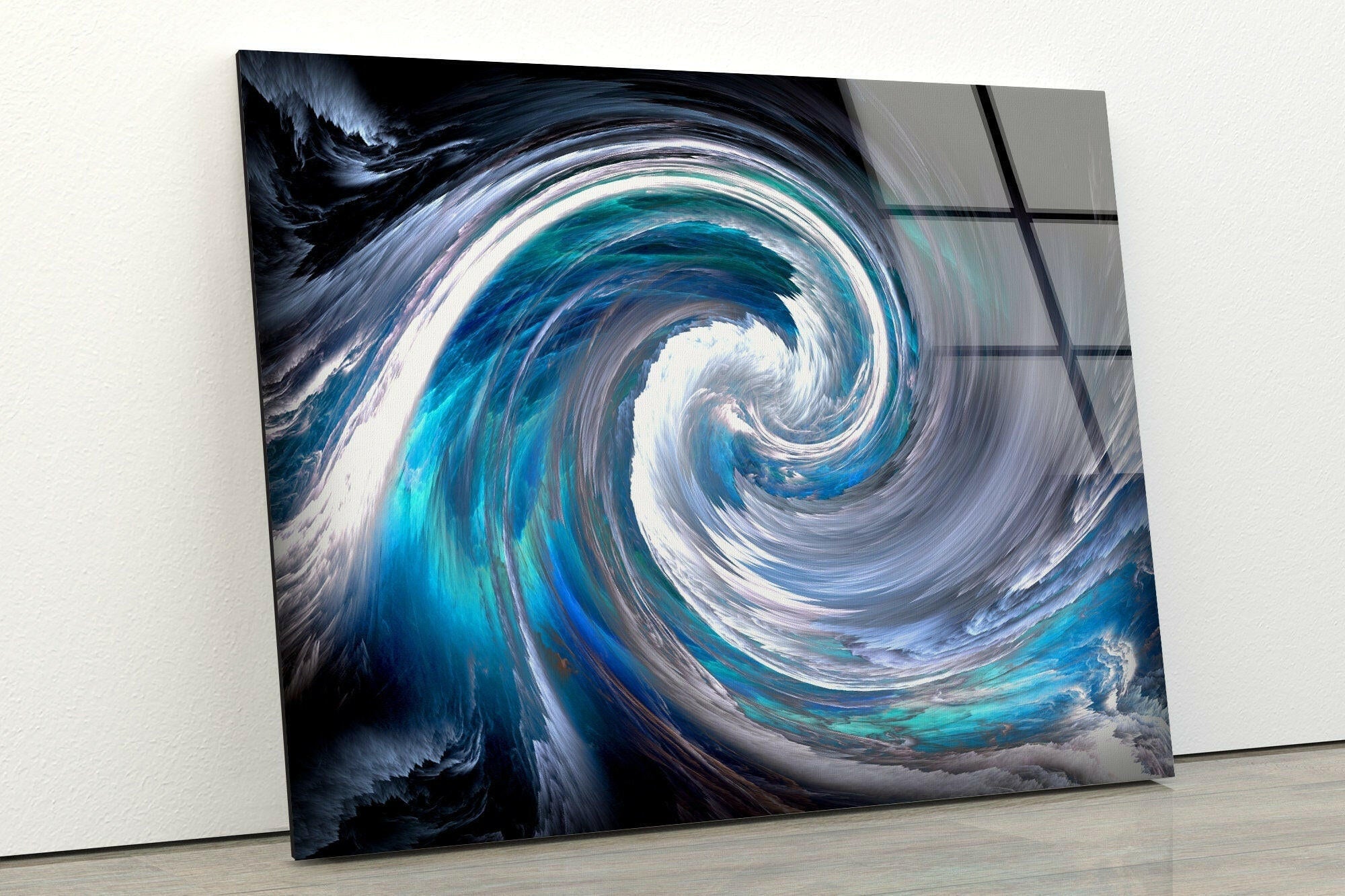 Blue Ocean Swirl Abstract Glass Wall Art - Handmade Modern Sea Wave Decor for Living Room, Bedroom & Office - Unique Home & Interior Design Gift Idea