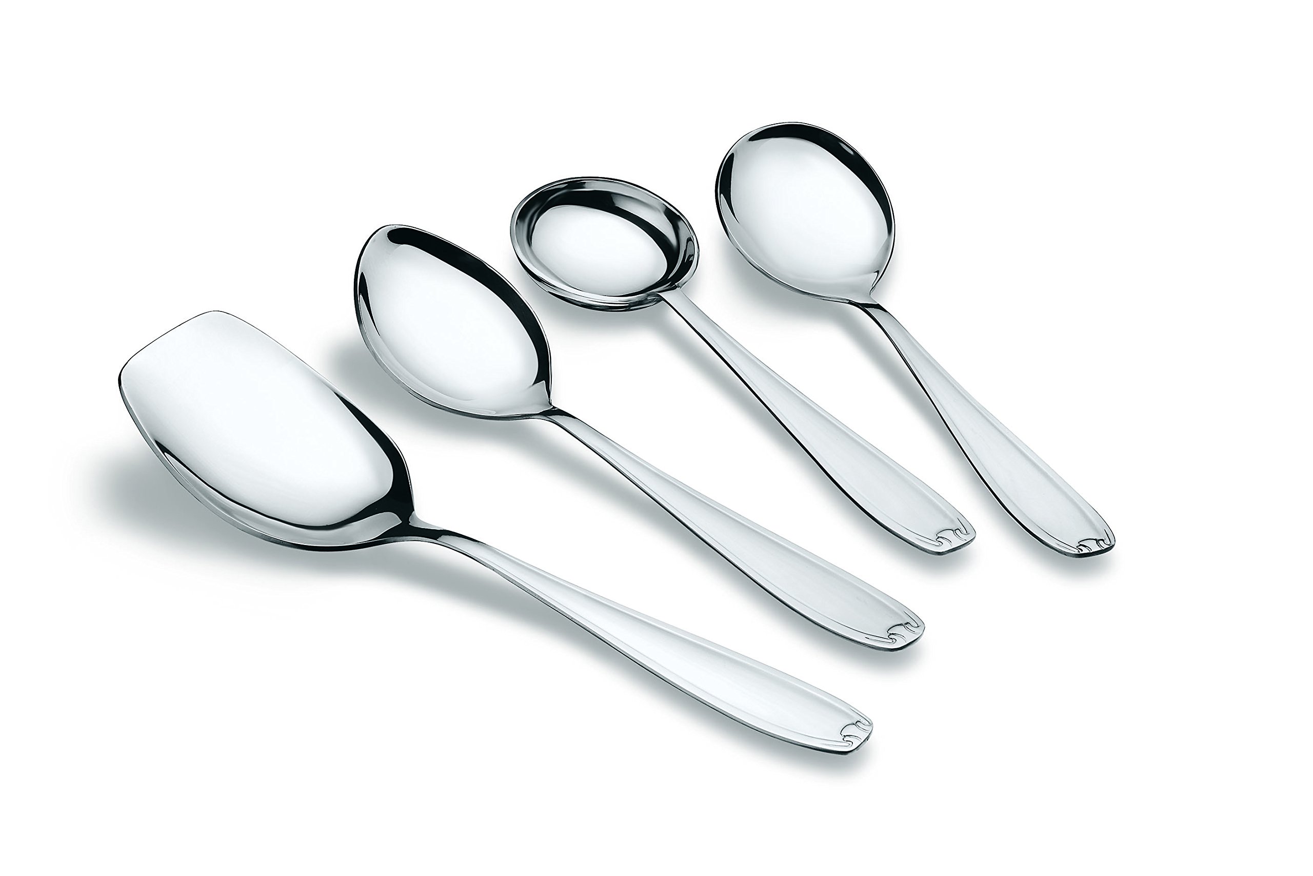 Premium Stainless Steel Serving Spoon Set - 4-Piece Heavy Duty 2mm Thick (Ladle, Square, Oval & Round Spoons) for Rice, Soup, Gravy - Elegant Dining & Buffet Serving Utensils