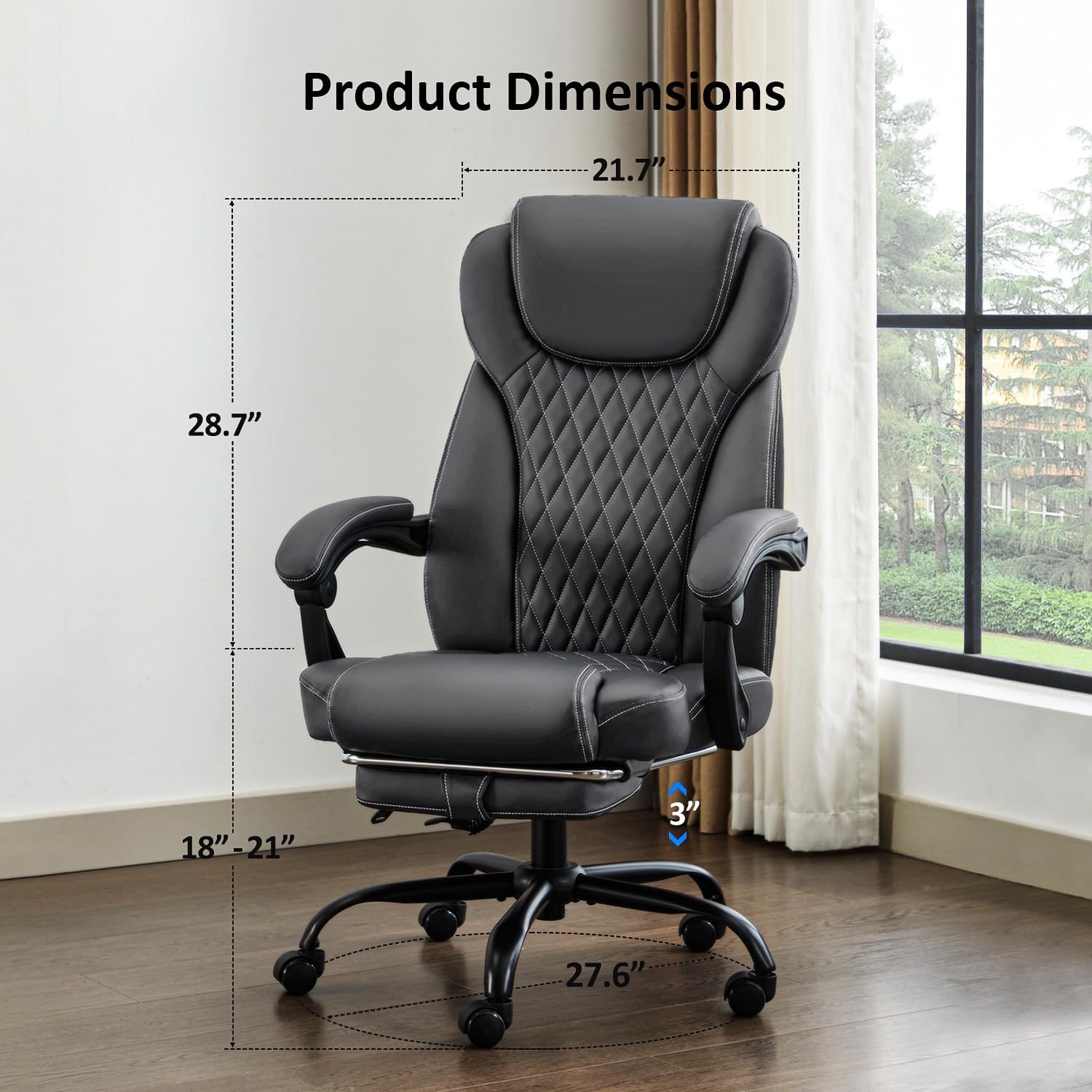 Big and Tall Ergonomic Office Chair with Footrest - High Back Reclining Leather Desk Chair with Lumbar Support for Home Office (Gray) | Comfortable Seating for Long Work Hours & Remote Work