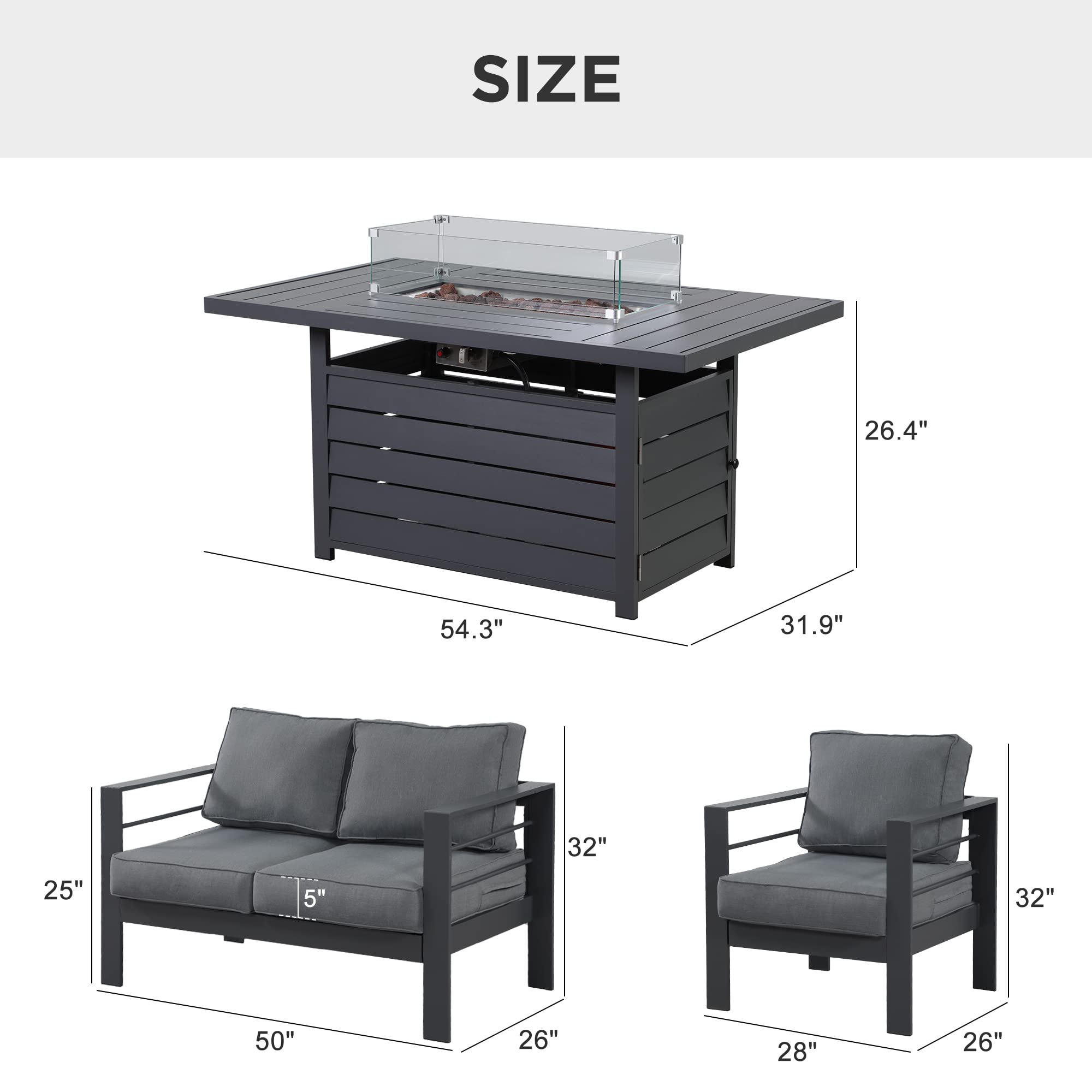 Wisteria Lane 4-Piece Aluminum Patio Furniture Set with 54-Inch CSA Certified Propane Fire Pit Table - Dark Grey Outdoor Metal Sofa Set for Backyard, Garden & Poolside Relaxation
