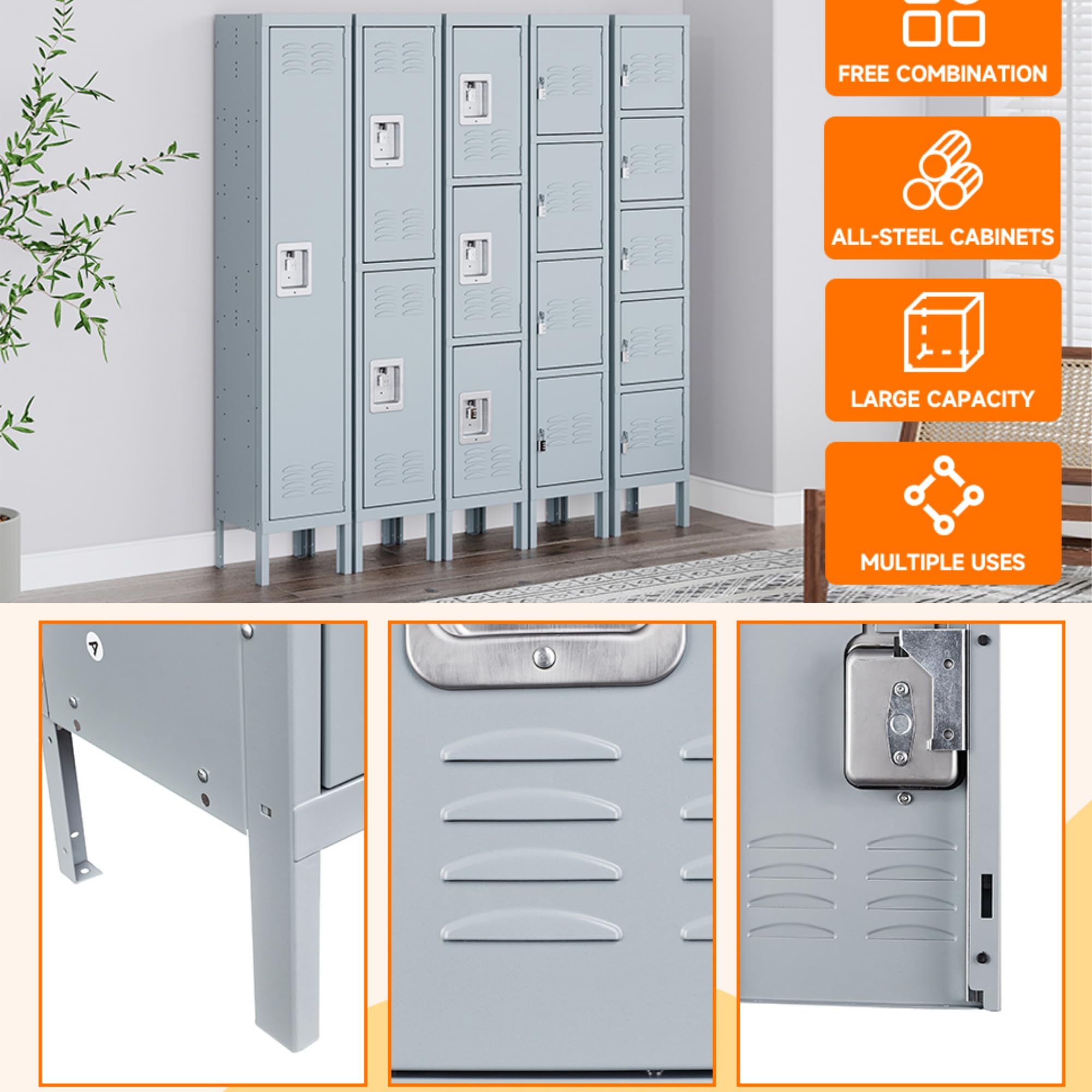 SESESOL 5-Door Metal Locker - Heavy Duty Steel Storage Cabinet for School, Office, Gym, Home & Shop - Secure Employee Lockers with Durable Gray Finish - Perfect for Locker Rooms, Storage Areas & Workspaces