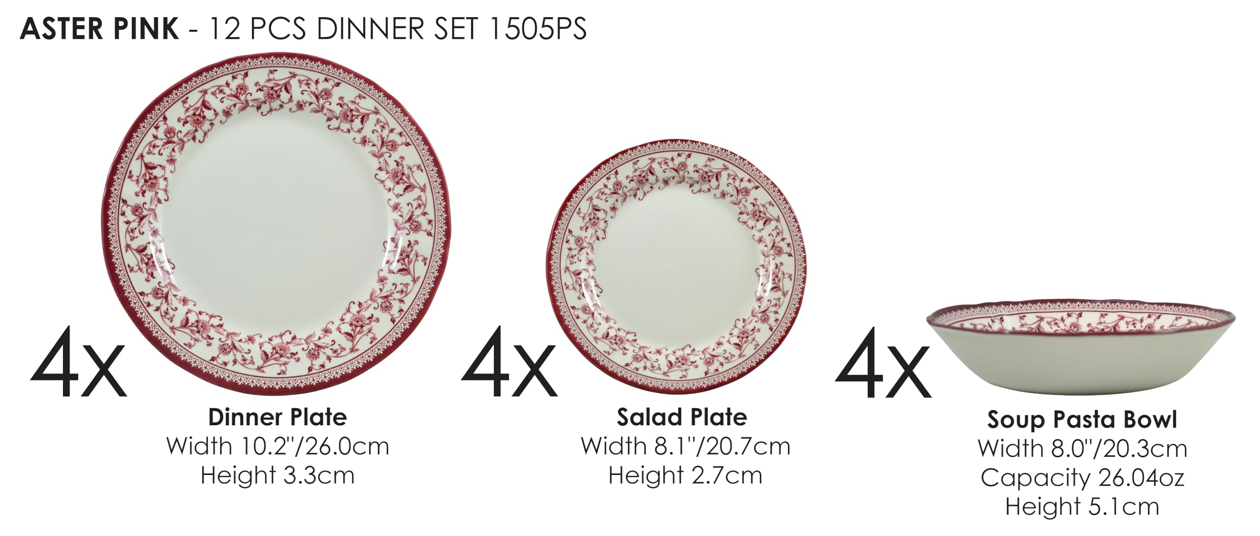 12-Piece Premium Porcelain Dinnerware Set for 4 - Elegant Aster Pink | Formal Dining, Wedding Registry & Holiday Entertaining