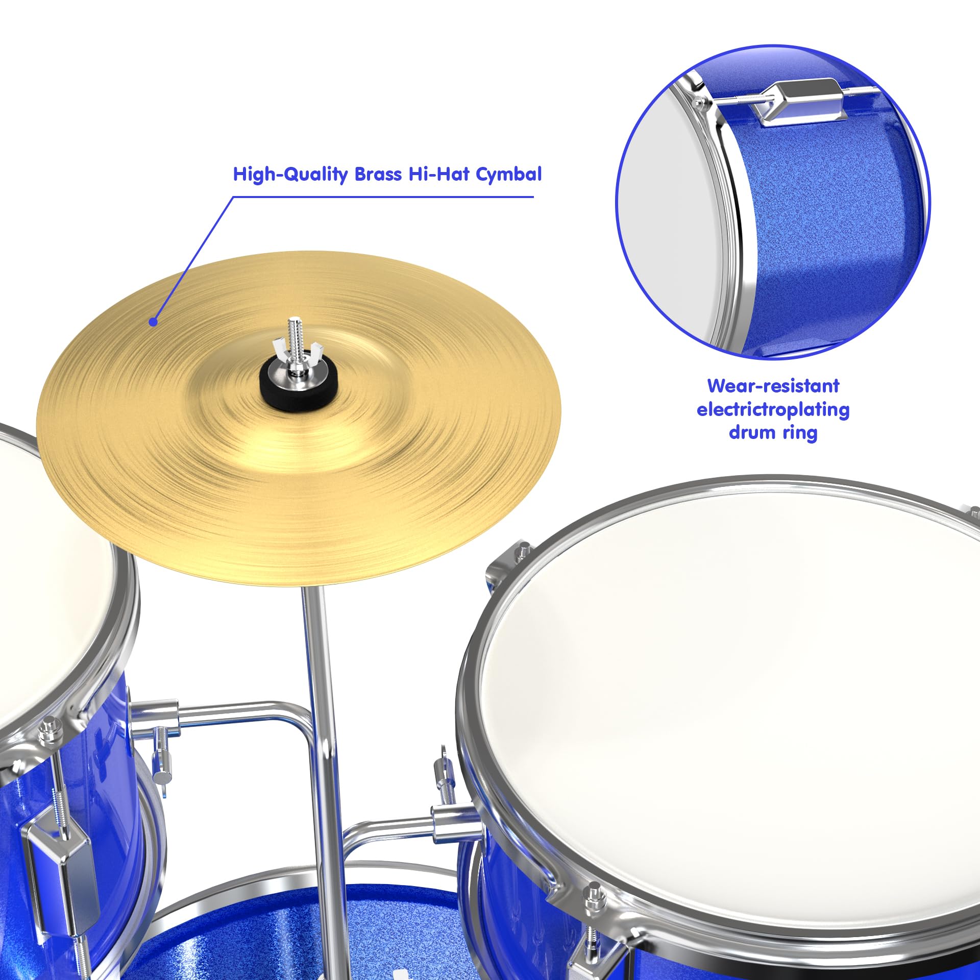 Blue 3-Piece Beginner Drum Set Kit with Throne Stool - Kids Starter Drum Kit for Learning & Practice - Perfect for Home, School & Music Classes