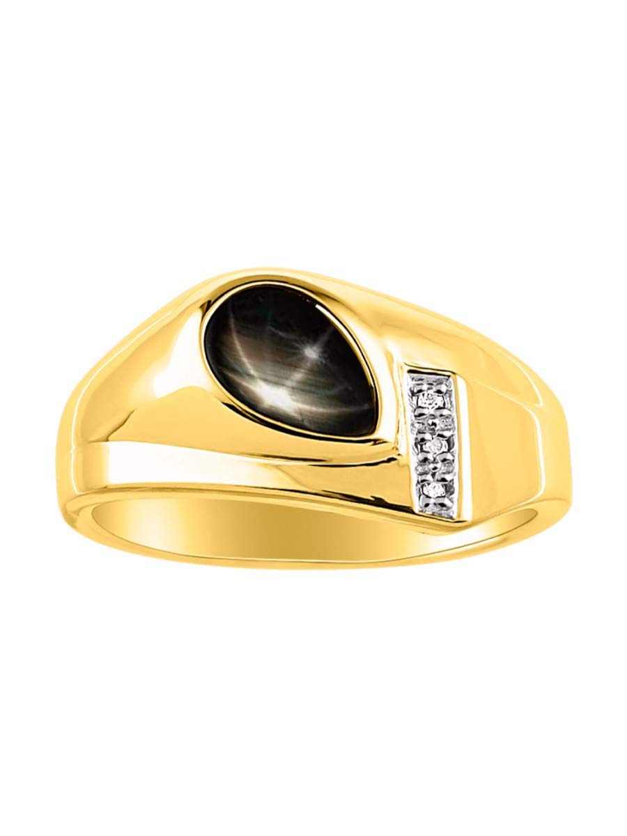 RYLOS Men's Yellow Gold Plated Silver Ring with Pear Shape Cabochon Gemstone & Diamonds - Elegant Tear Drop Design for Wedding, Anniversary, Gift - Size 8-13 - Durable Men's Jewelry for Daily Wear & Special Occasions